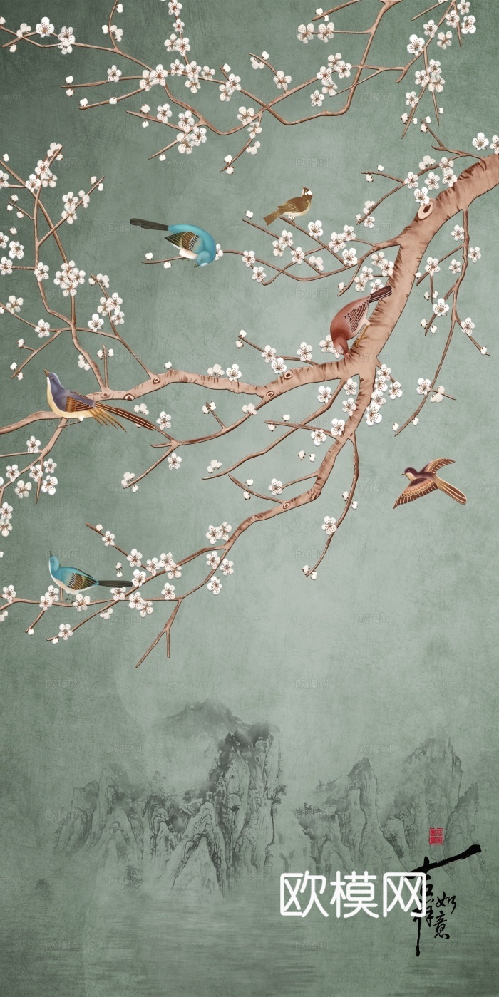 中式新中式花鸟植物壁纸壁画