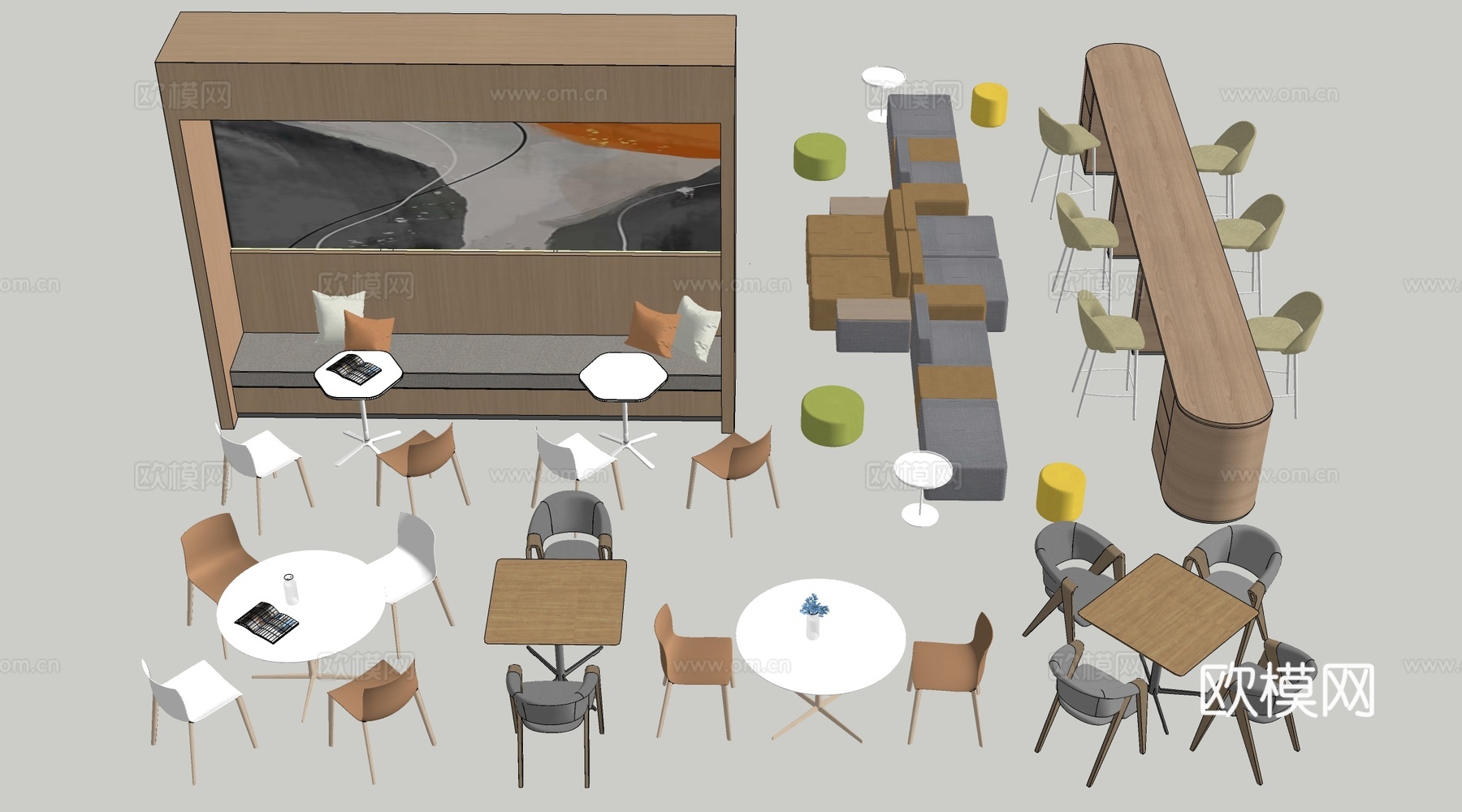 现代茶水间桌椅 公司休息区桌椅 吧台桌椅 休闲桌椅su模型