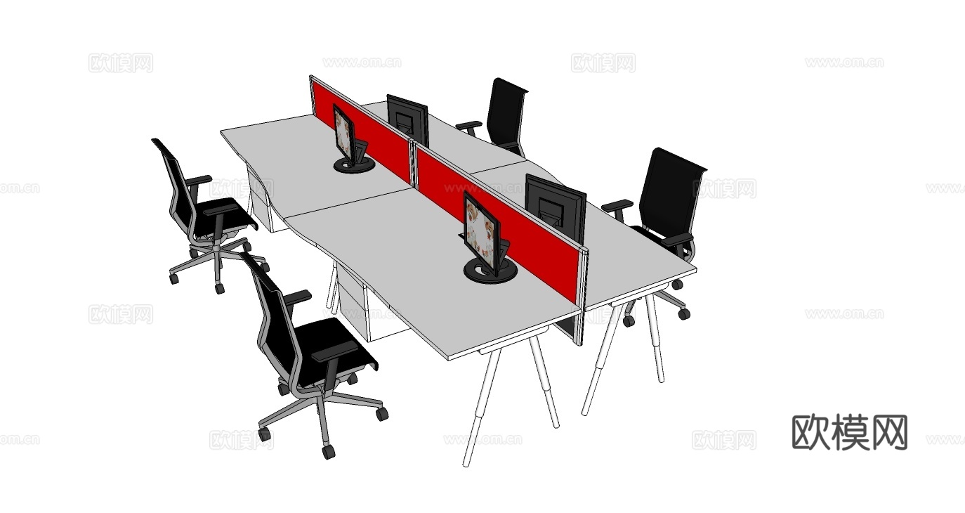 员工办公桌 办公椅 文件柜 屏风办公桌su模型