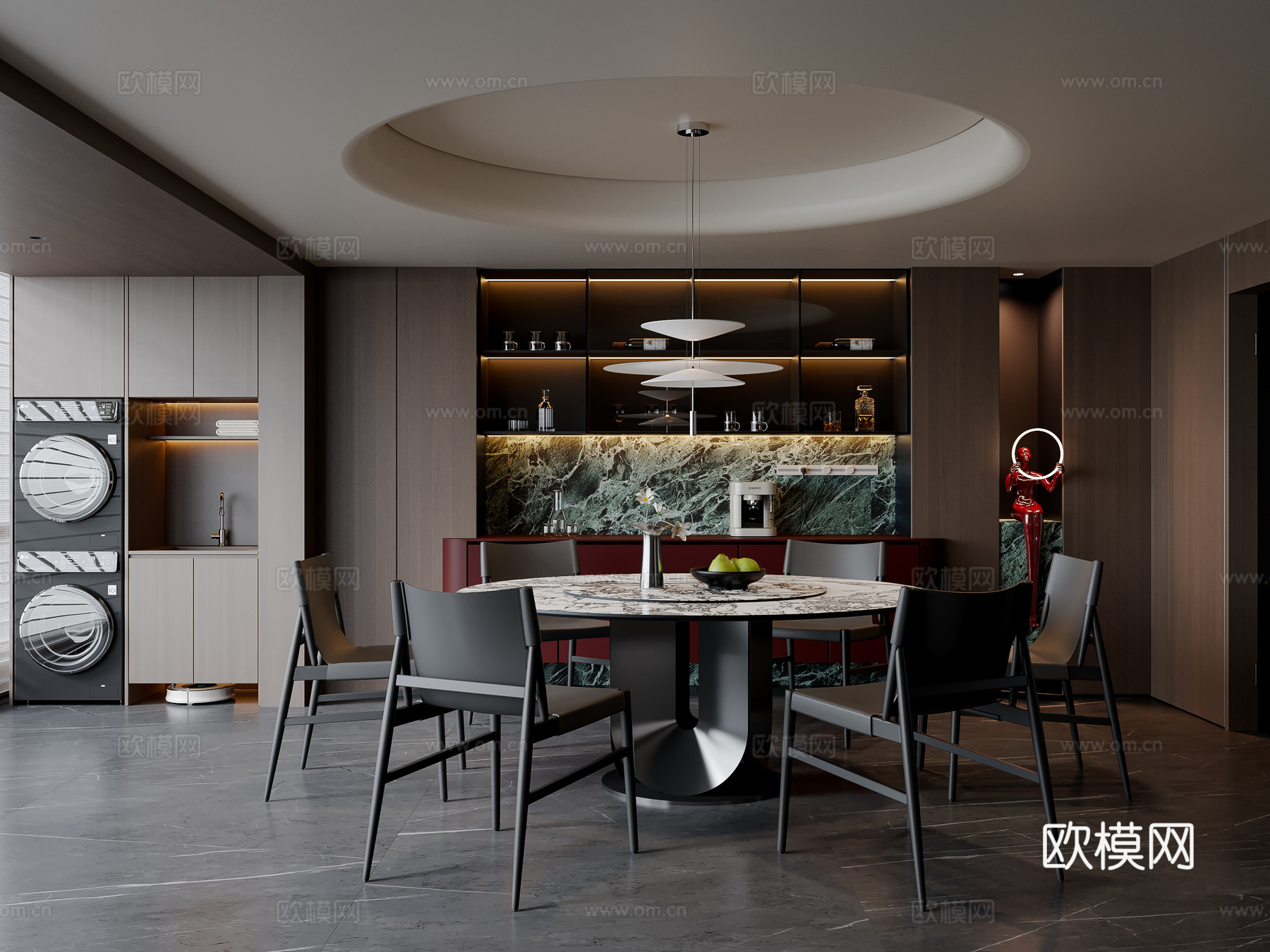 现代意式餐厅 餐桌椅 吊灯 餐边柜 酒柜su模型