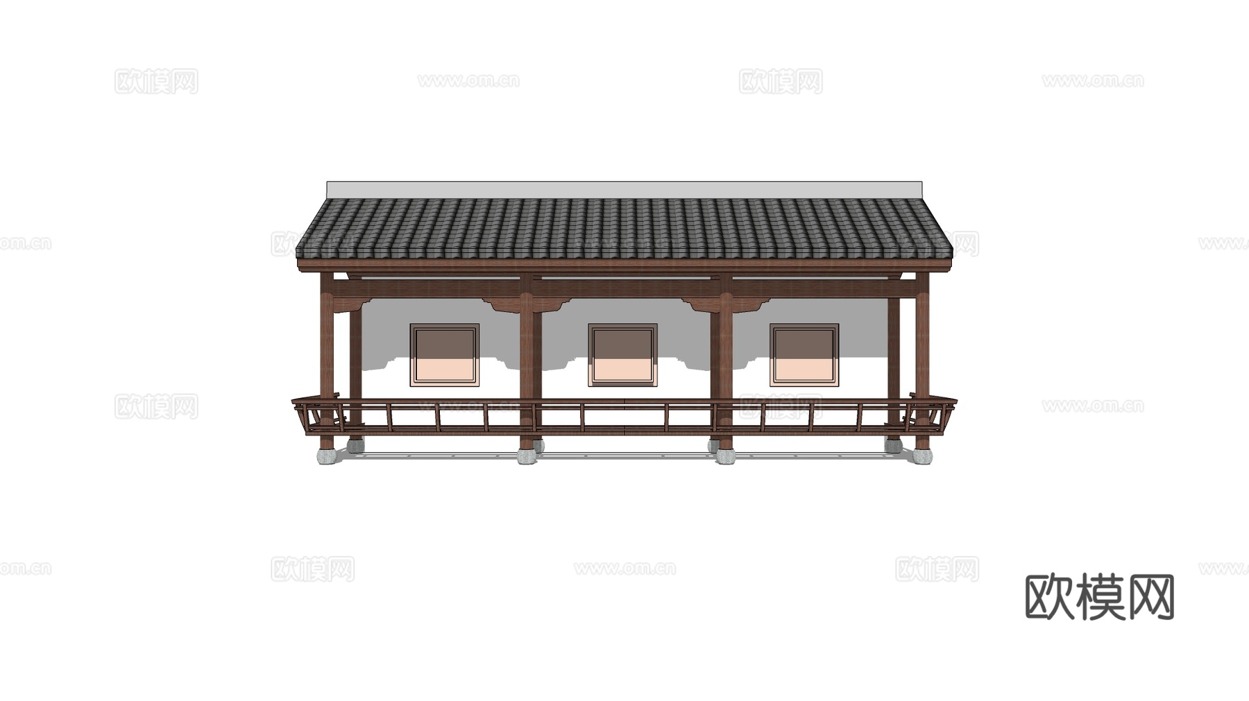 传统连廊 古建风雨廊​ 中式长廊 园林建筑小品 深棕木结构su模型