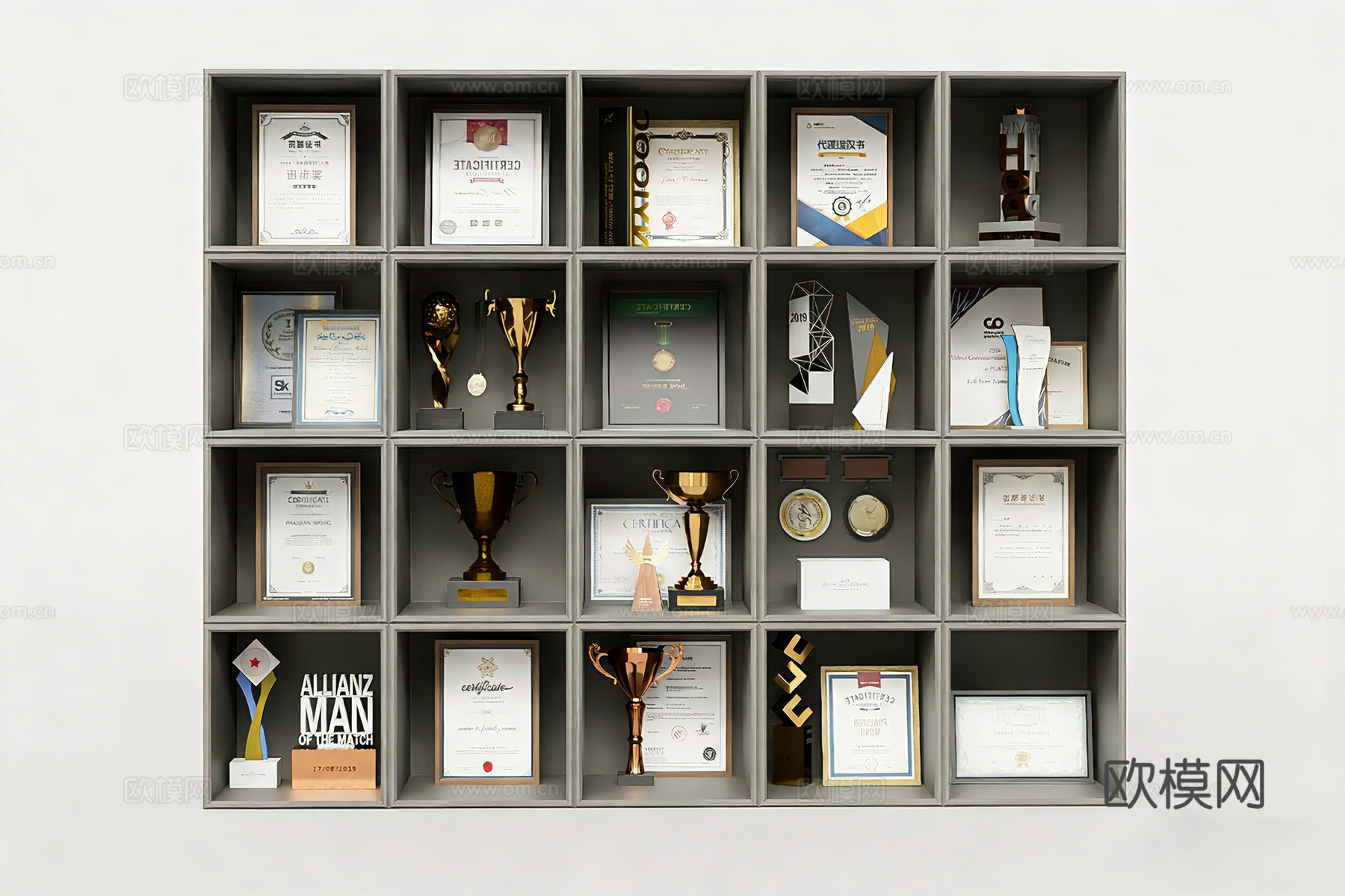 现代简约企业荣誉墙 奖杯证书奖状 证书展示柜su模型