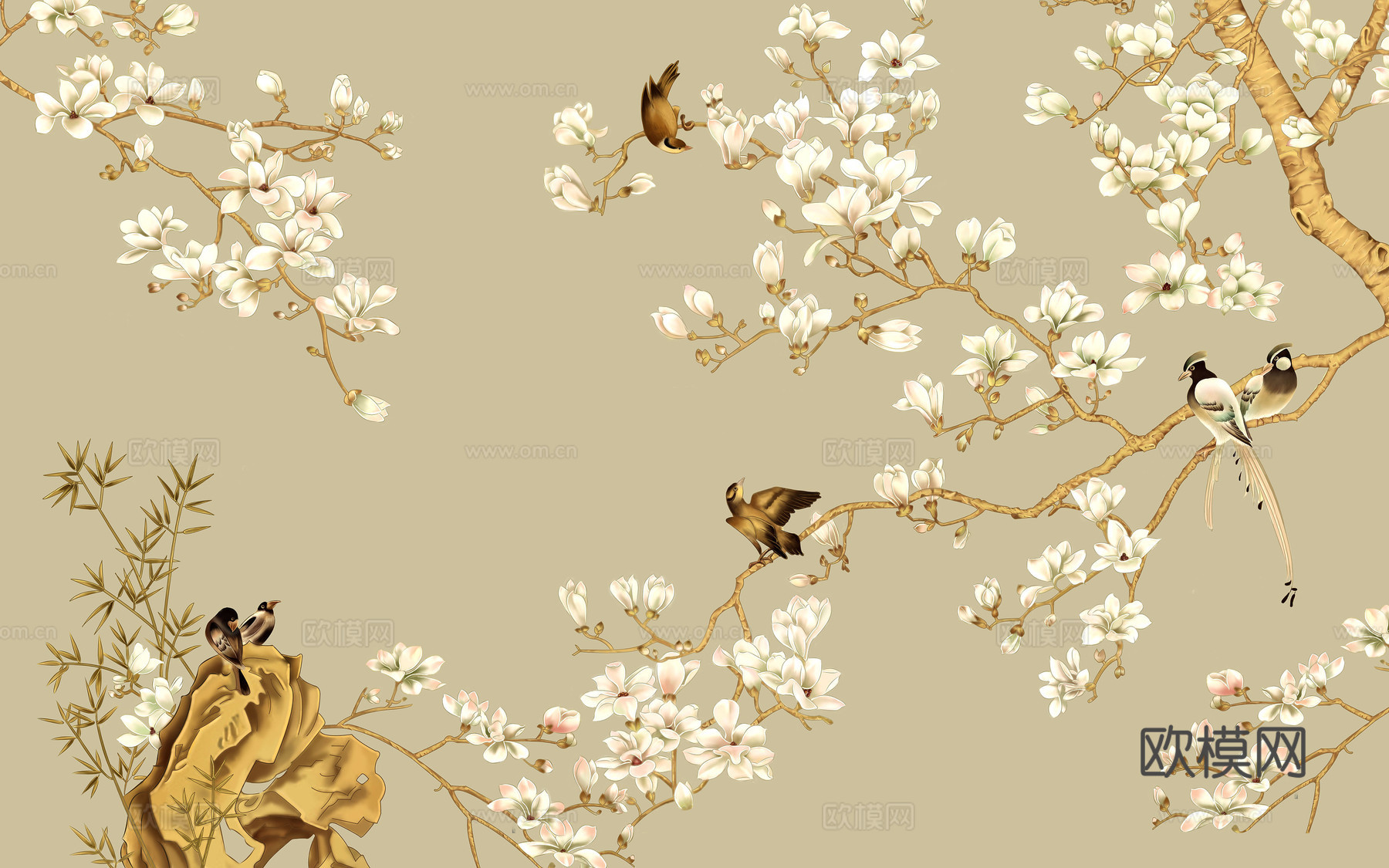 中式新中式花鸟植物壁纸壁画下载