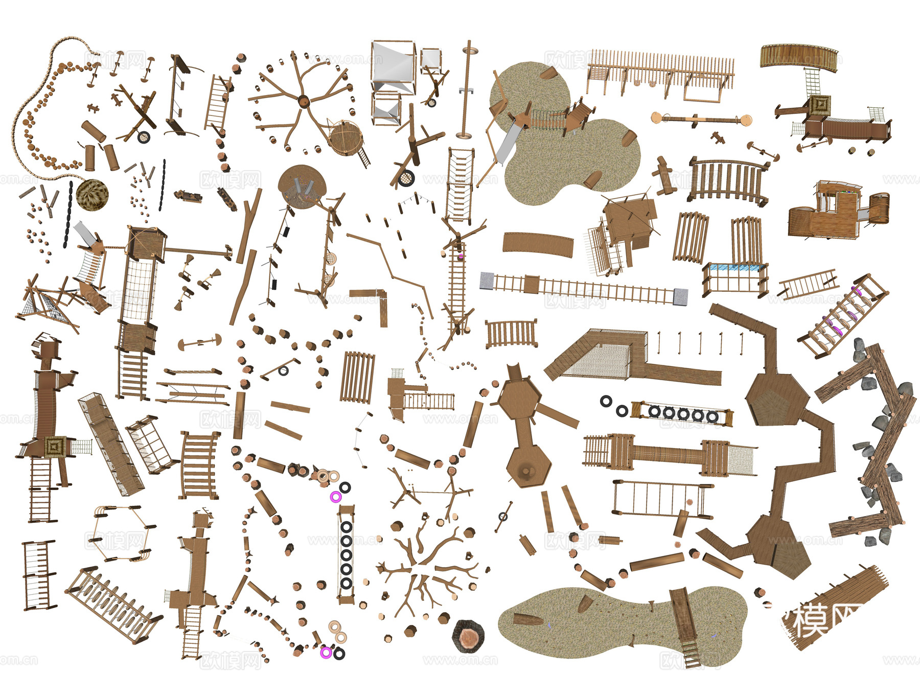 现代无动力儿童设施 儿童滑梯器材 生态原木制滑梯器械su模型