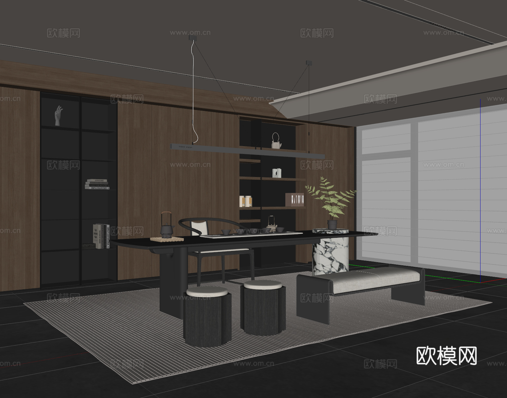 现代意式茶室 茶桌椅 吊灯 茶柜 装饰柜 地毯su模型