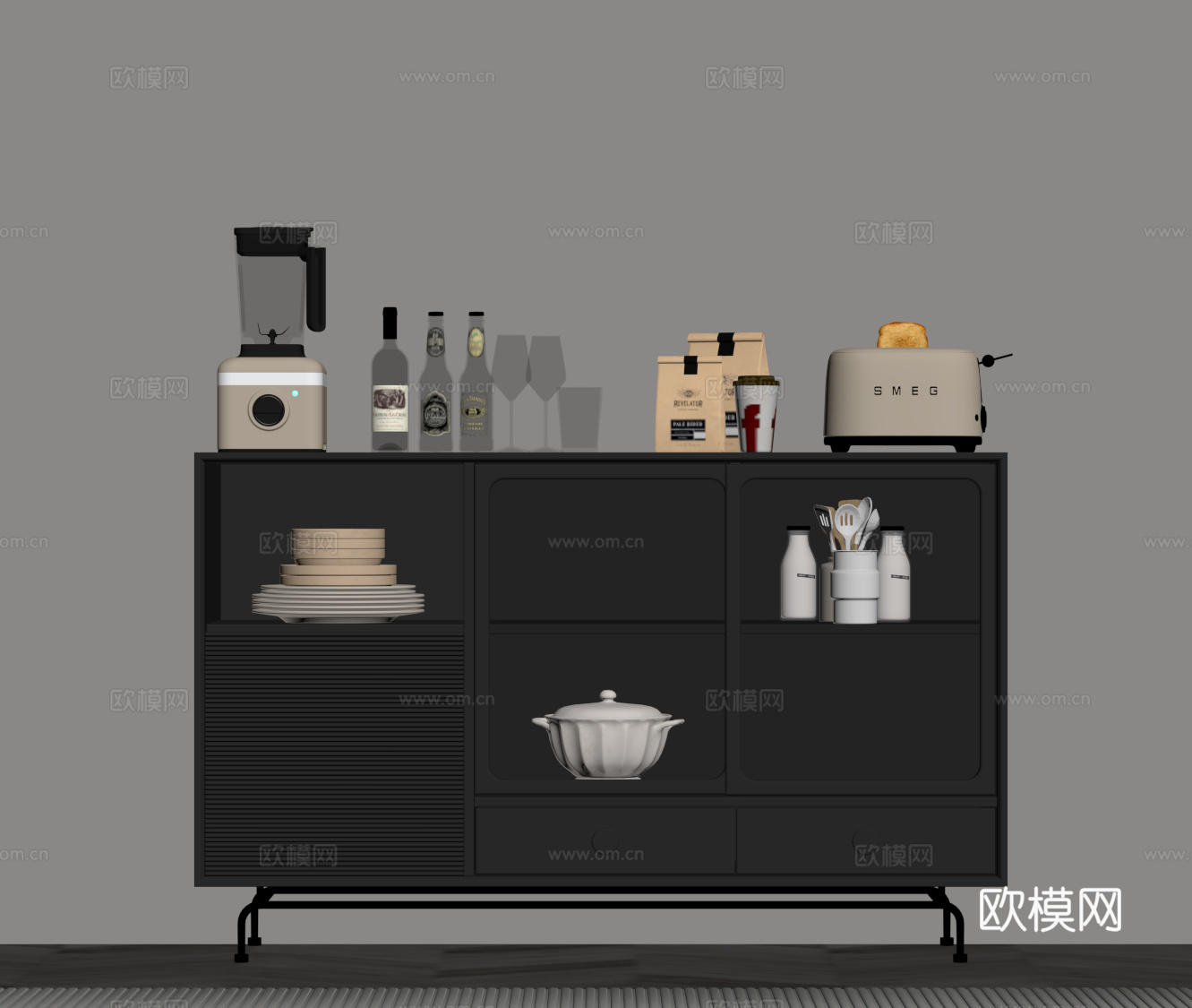 现代意式备餐柜 餐边柜su模型