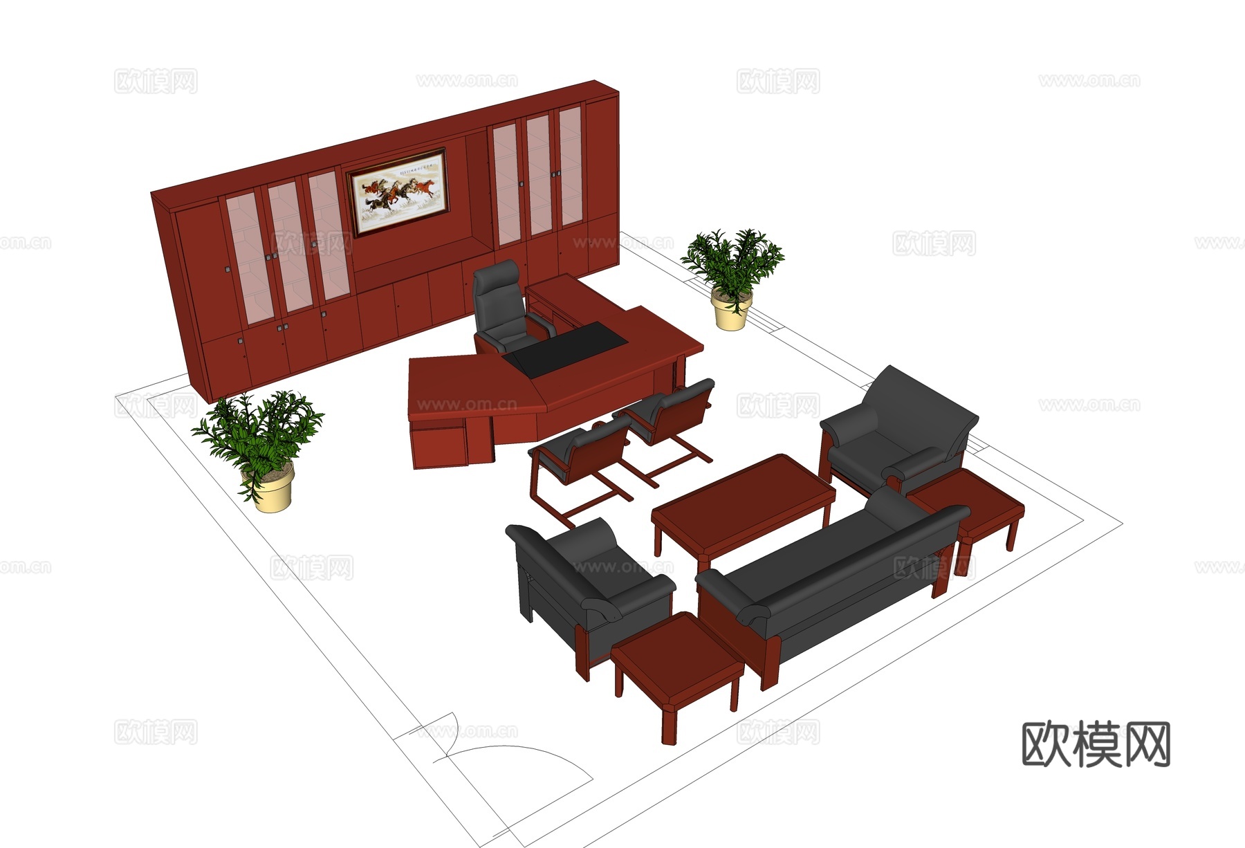 班台 老板办公桌 办公椅 沙发 茶几 文件柜免费su模型