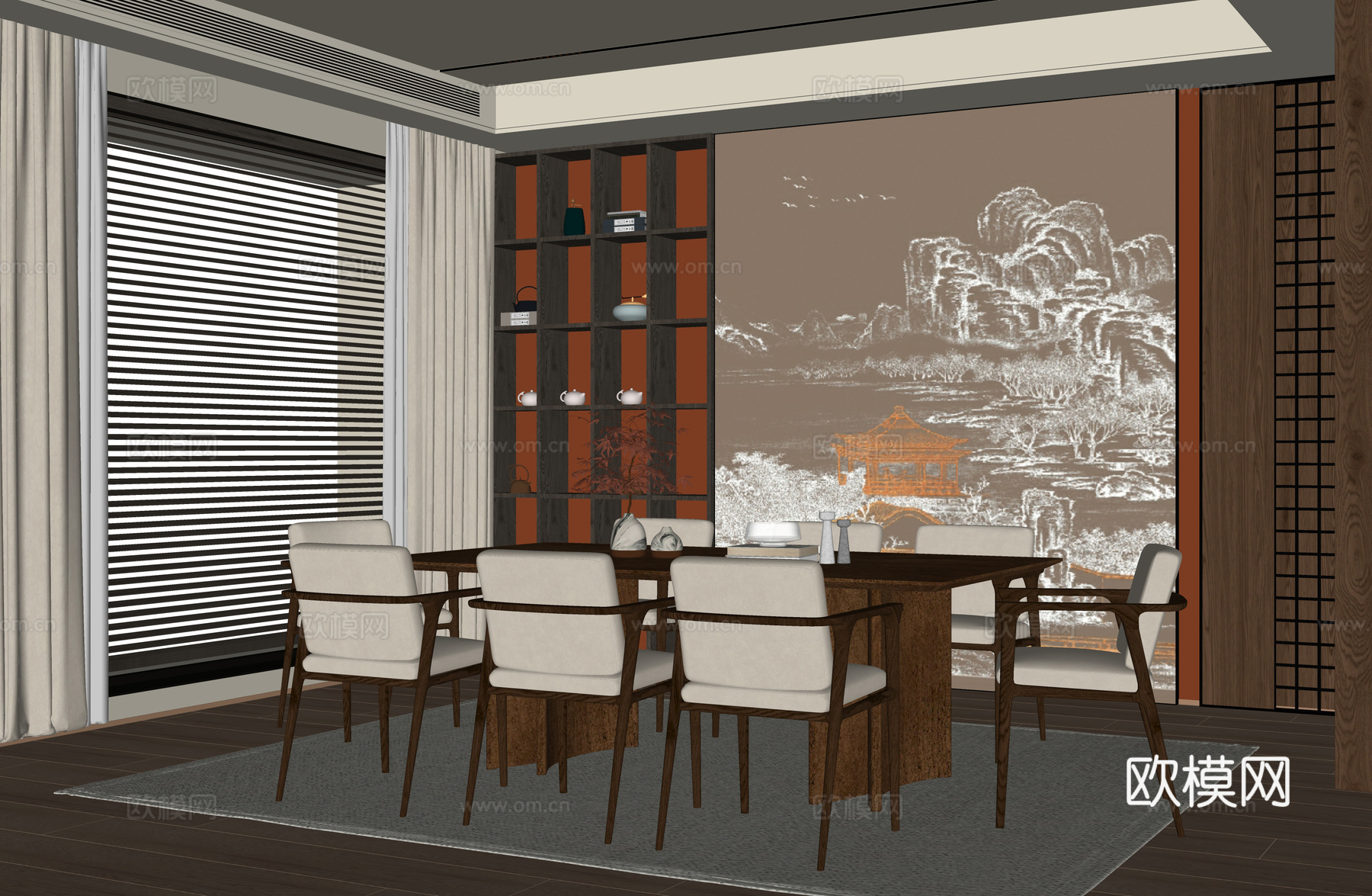 新中式餐厅 餐桌椅 餐椅su模型
