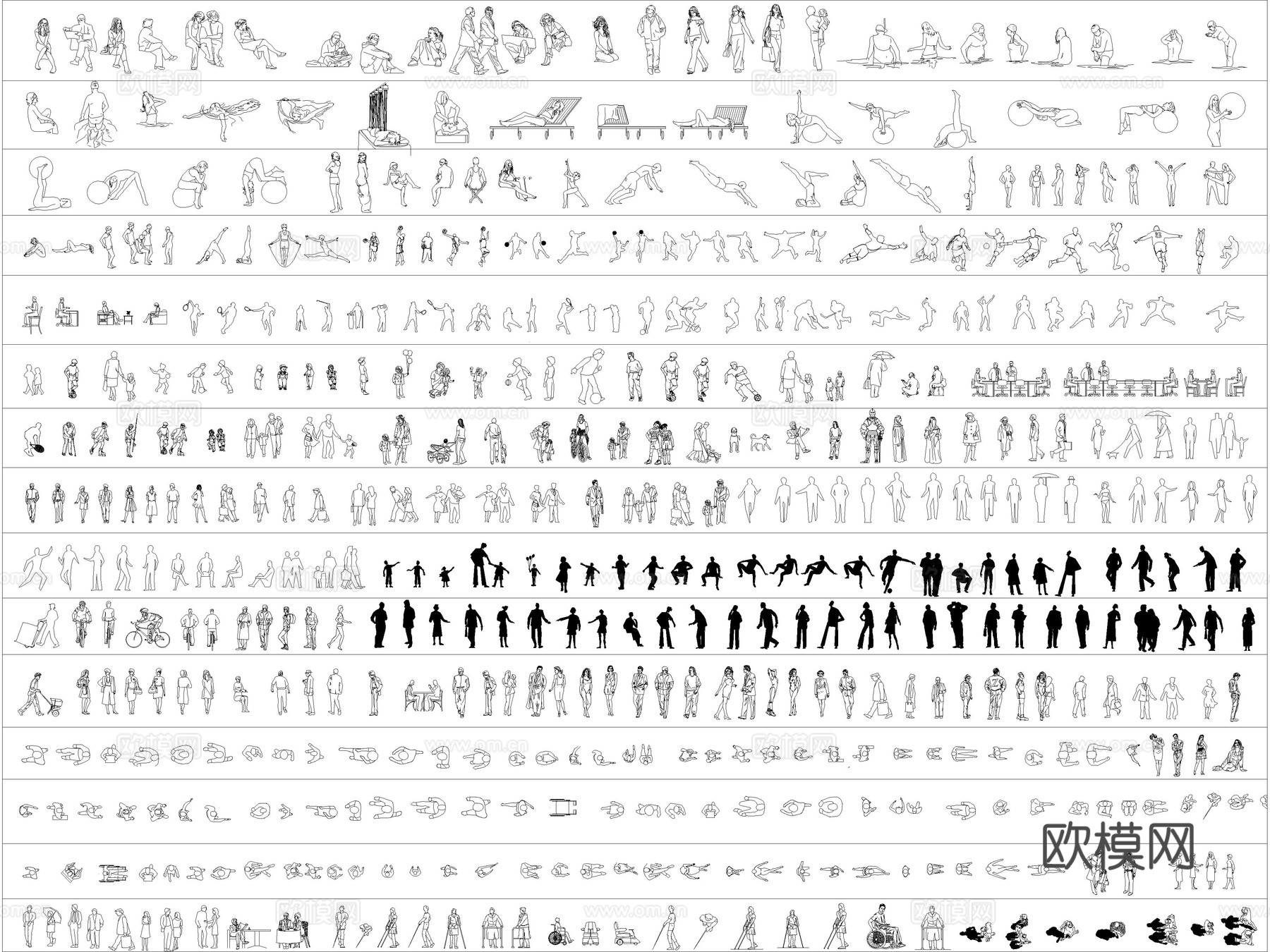 2026年最新超全人物儿童模特运动人物平立面CAD图库cad施工图