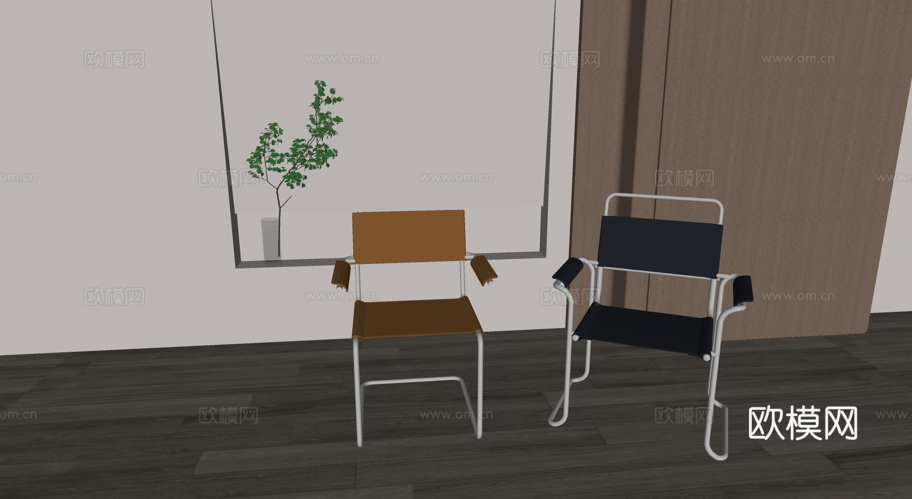 意式极简单椅 餐椅 皮质餐椅 金属脚餐椅su模型