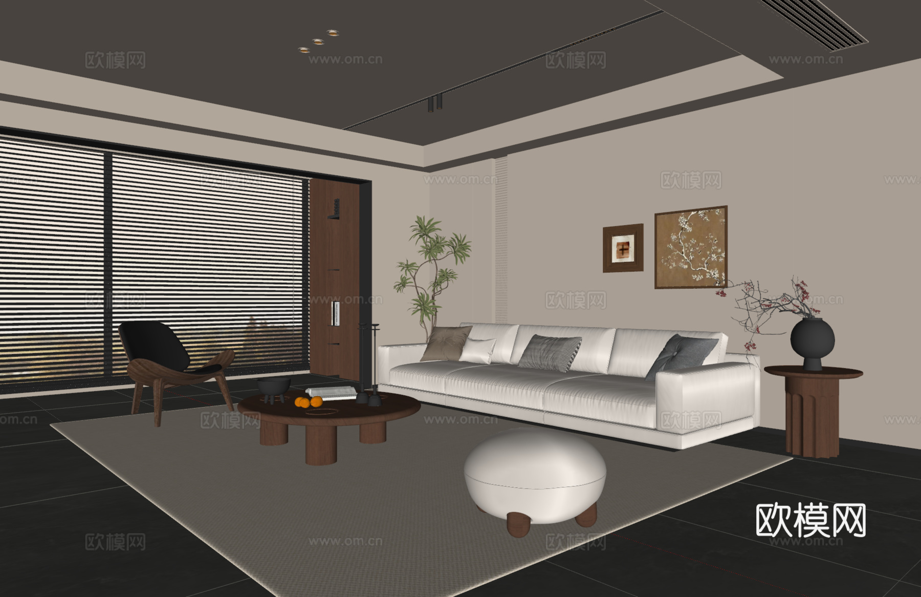 中古风客厅 沙发茶几 三人沙发 休闲椅 挂画 地毯su模型