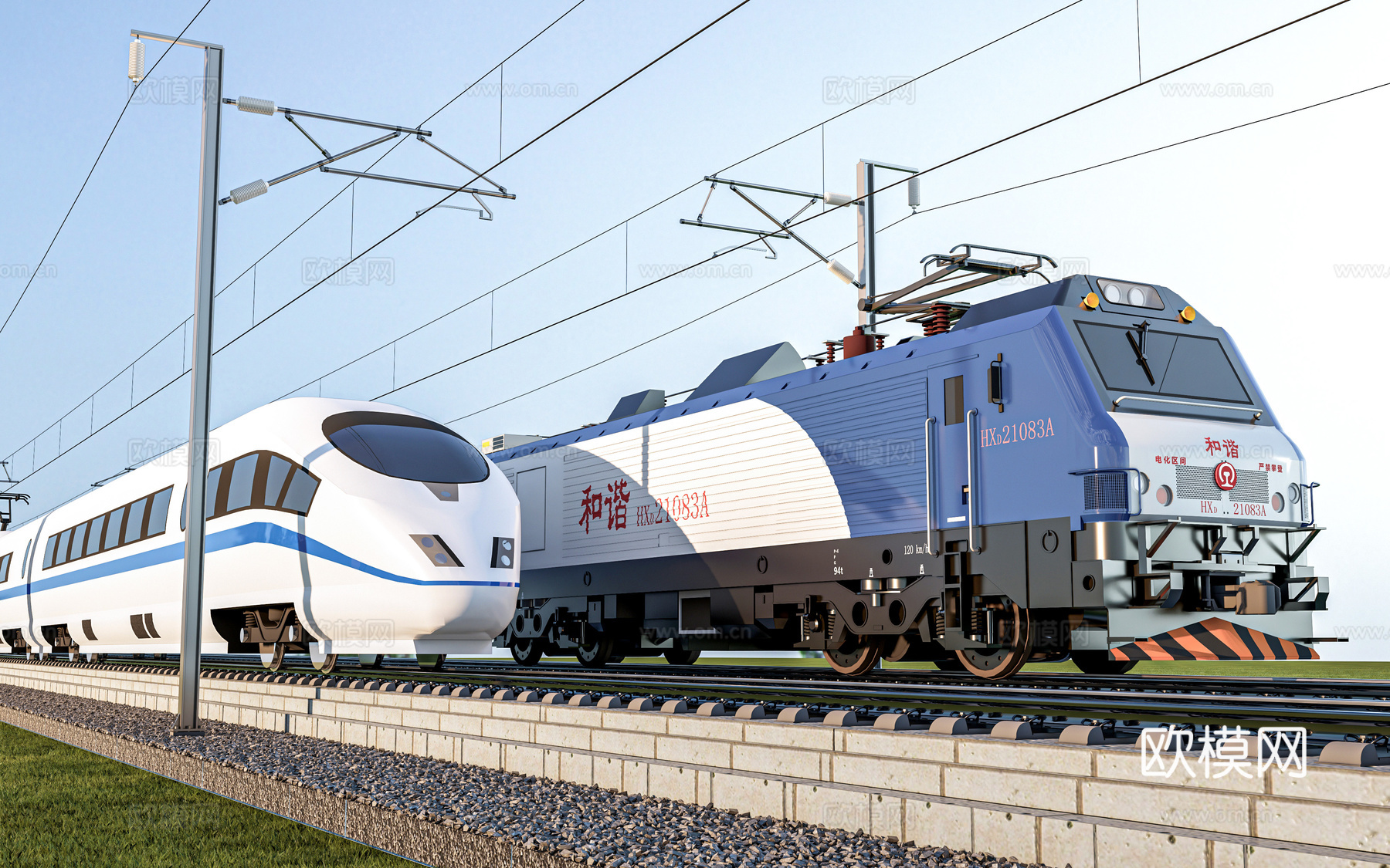 现代火车头 和谐号火车 高铁列车su模型