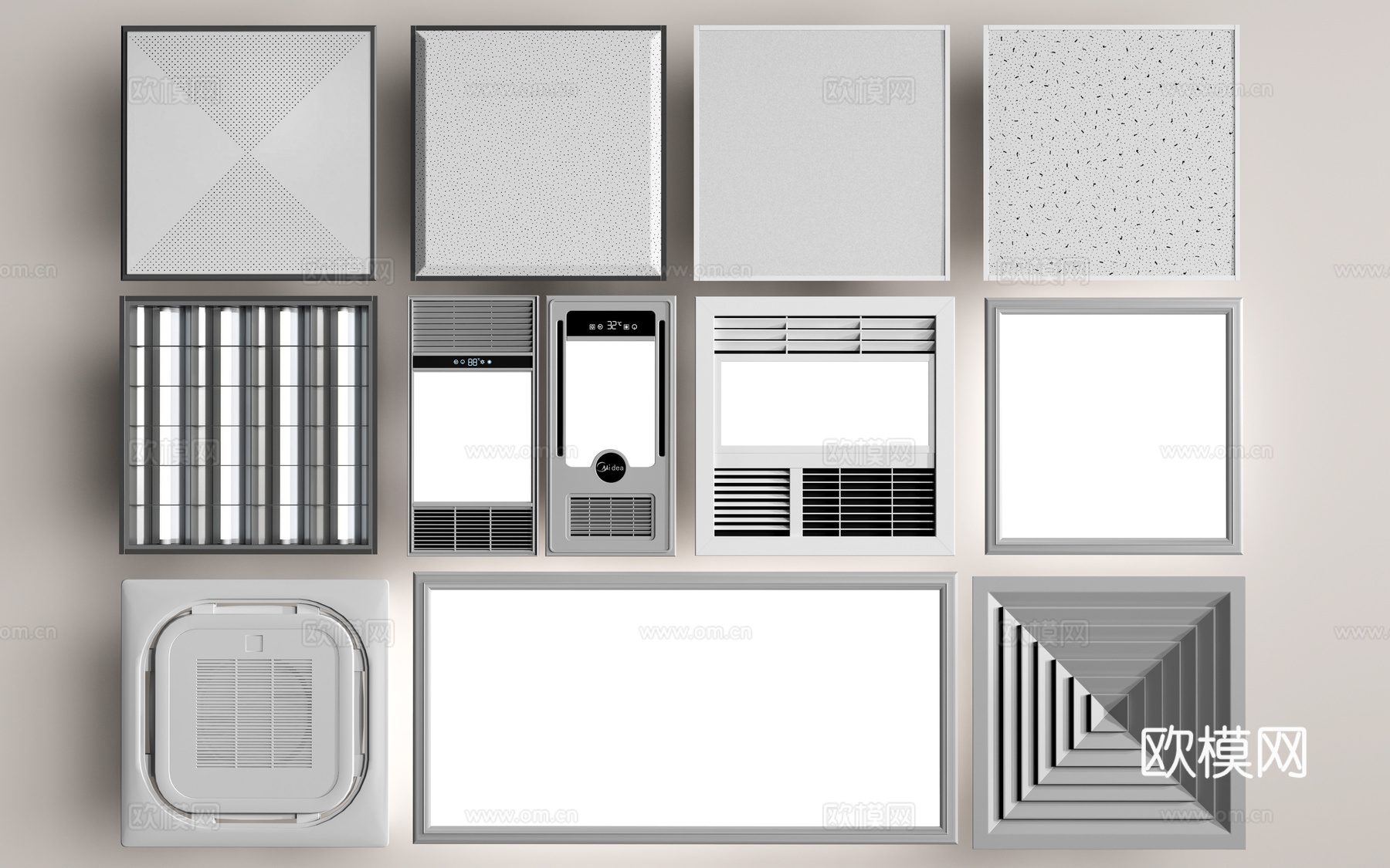 现代矿棉板吊顶 矿棉板灯 集成吊灯 平板灯 浴霸su模型