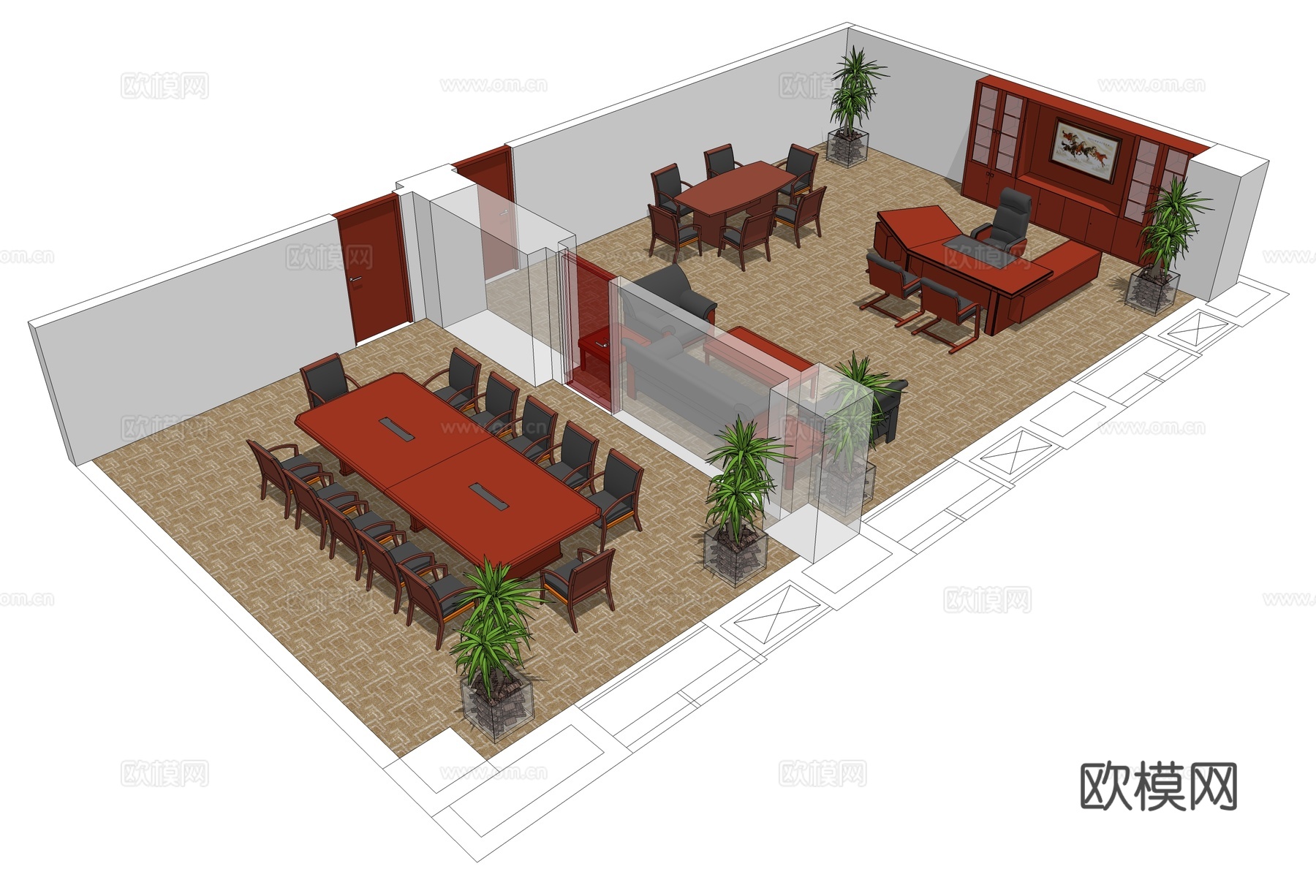 班台 老板办公桌 办公椅 会议桌 文件柜免费su模型