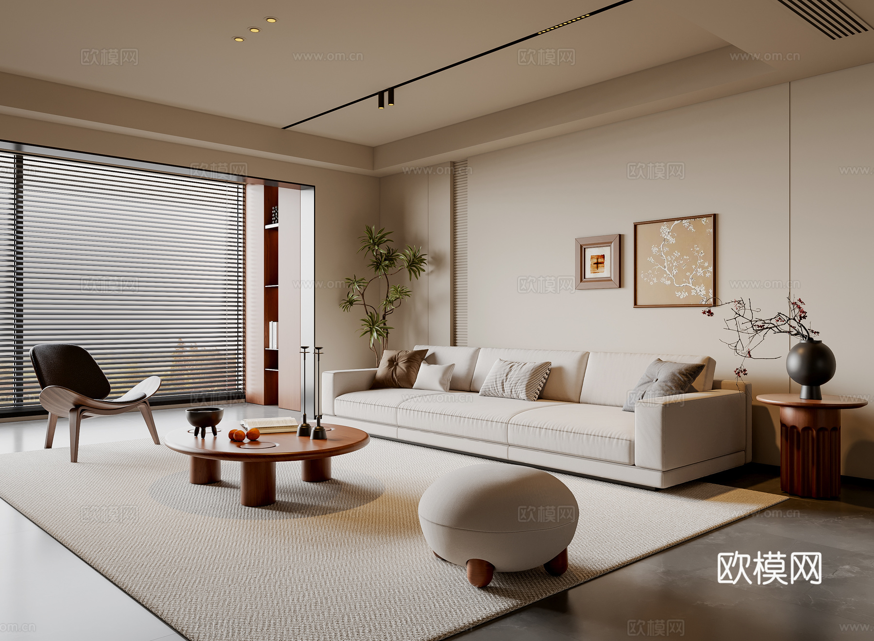中古风客厅 沙发茶几 三人沙发 休闲椅 挂画 地毯su模型