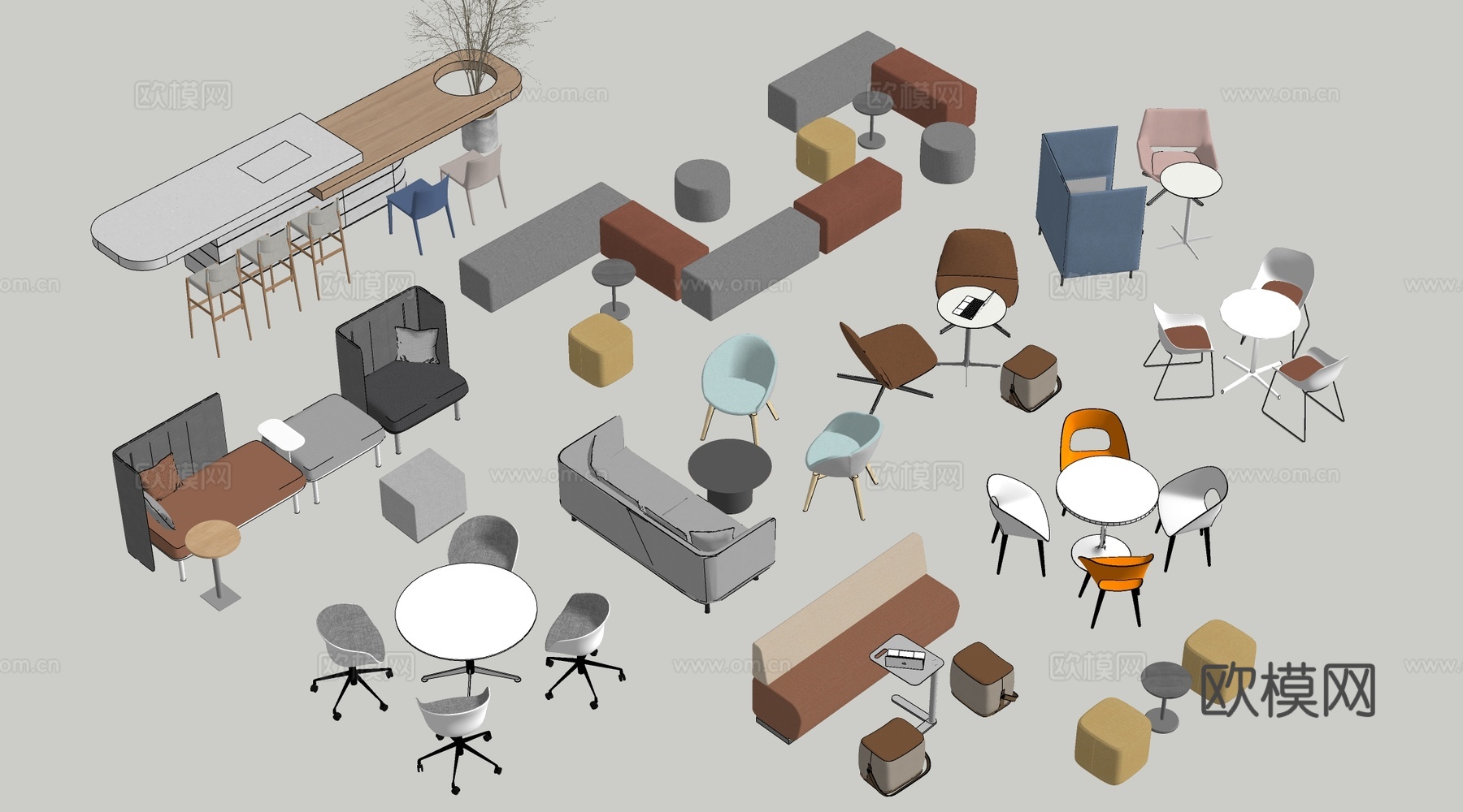 现代茶水间桌椅 公司休息区桌椅 吧台桌椅 休闲桌椅su模型