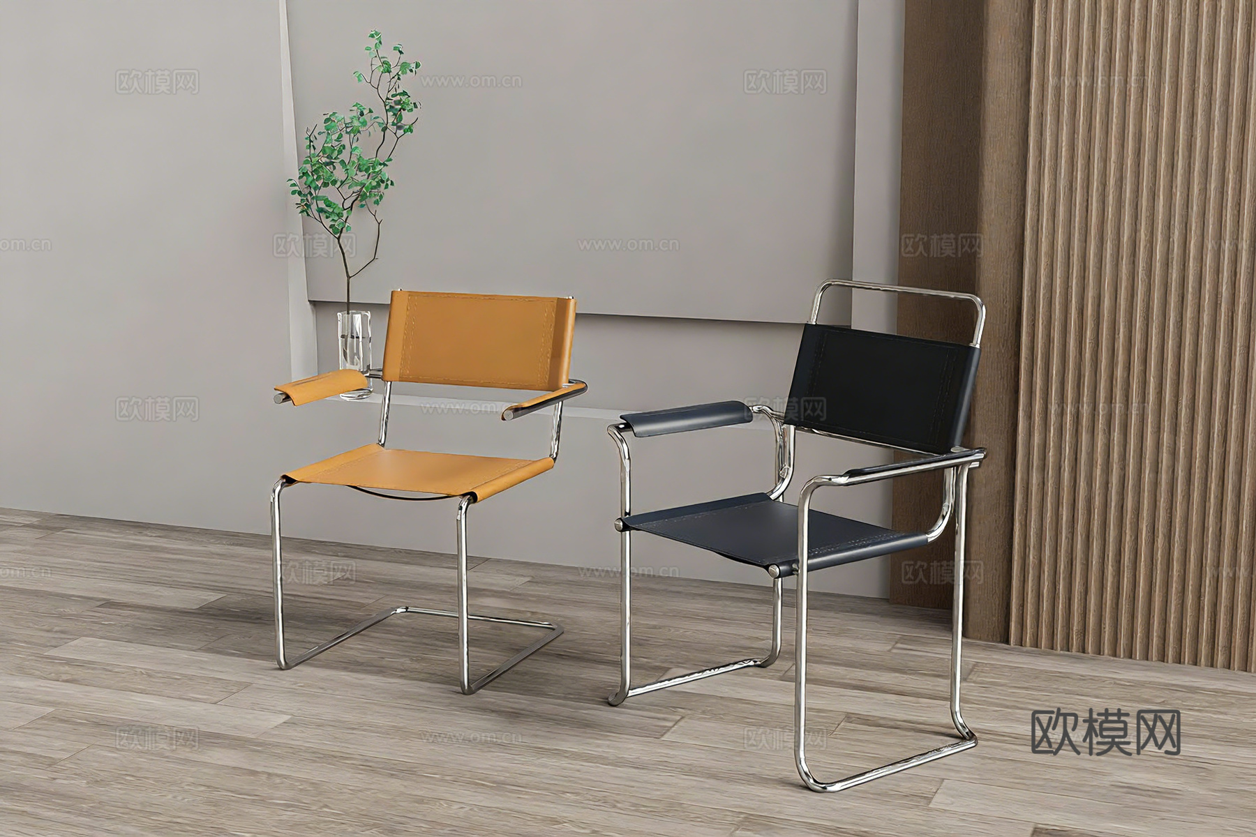 意式极简单椅 餐椅 皮质餐椅 金属脚餐椅su模型