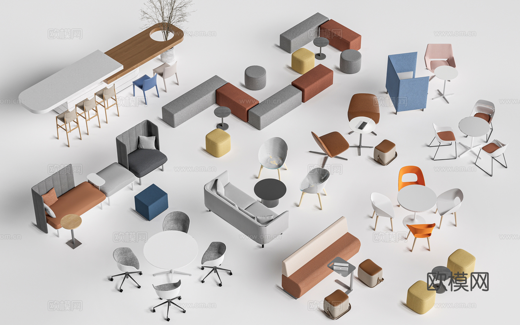现代茶水间桌椅 公司休息区桌椅 吧台桌椅 休闲桌椅su模型