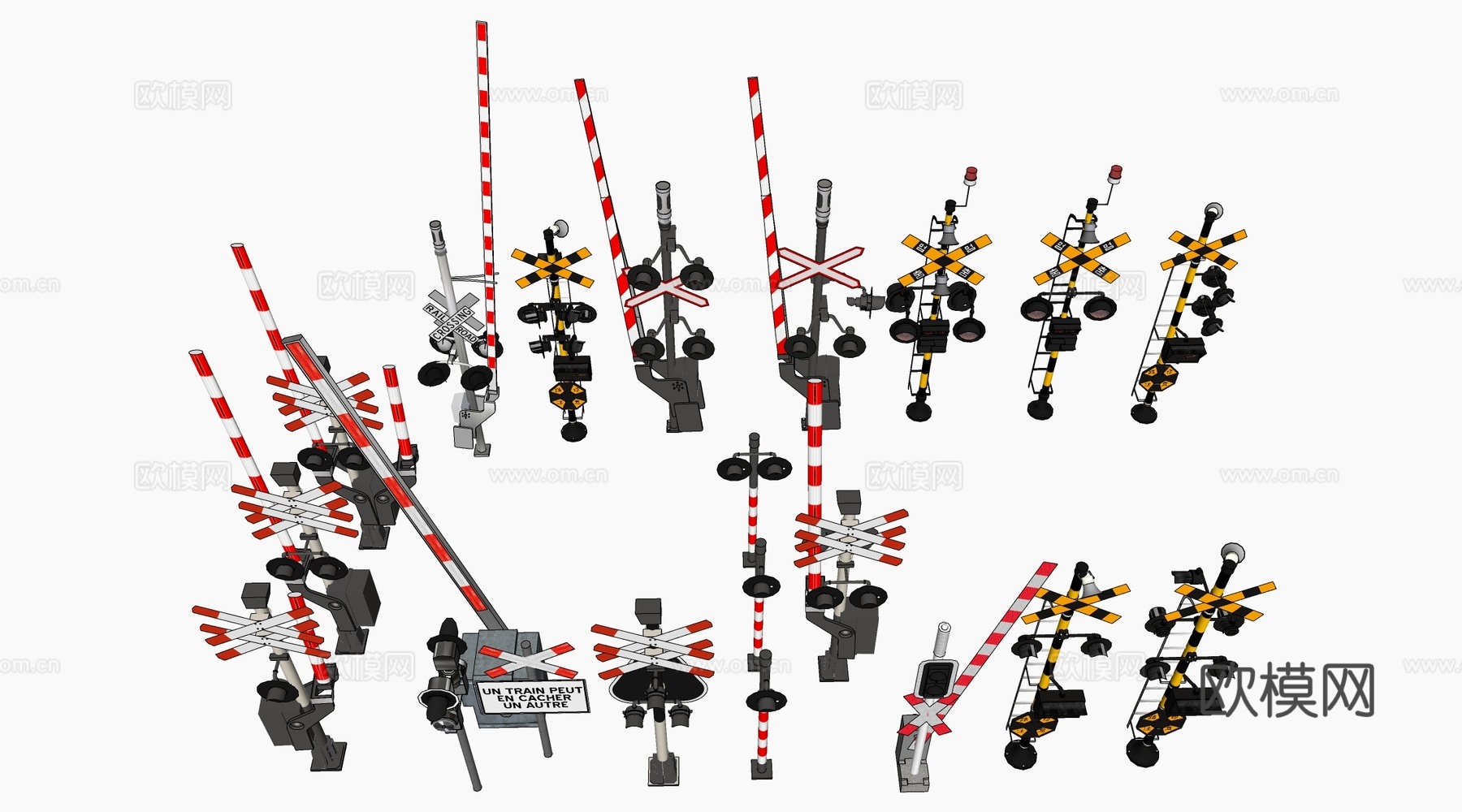 现代火车信号灯 火车红绿灯 铁轨道闸 铁轨警示牌su模型