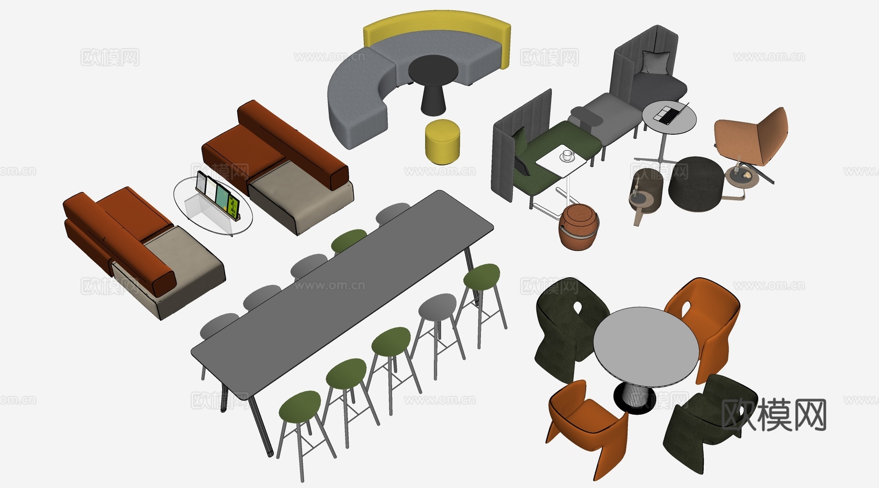 现代茶水间桌椅 公司休息区桌椅 吧台桌椅 休闲桌椅su模型