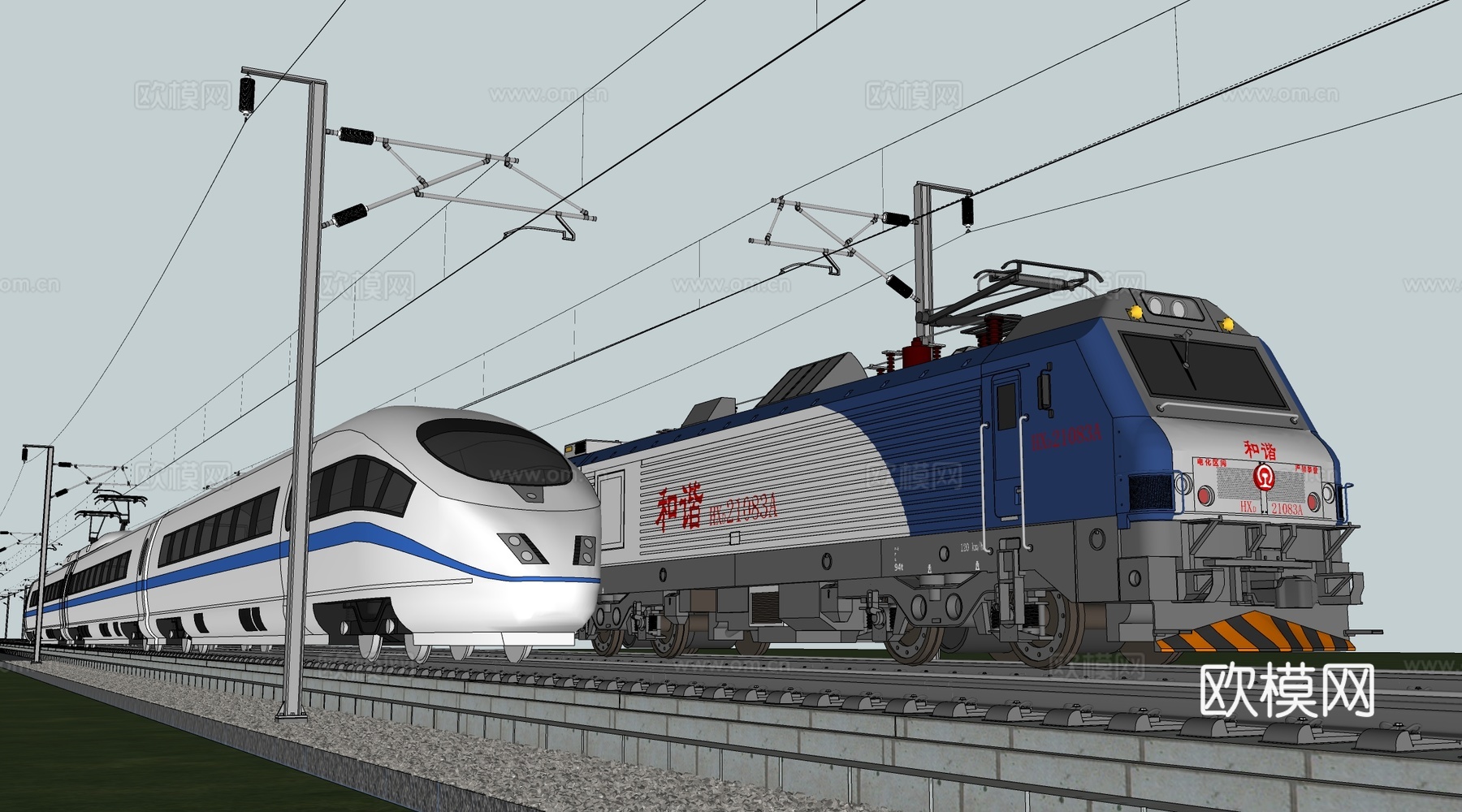 现代火车头 和谐号火车 高铁列车su模型