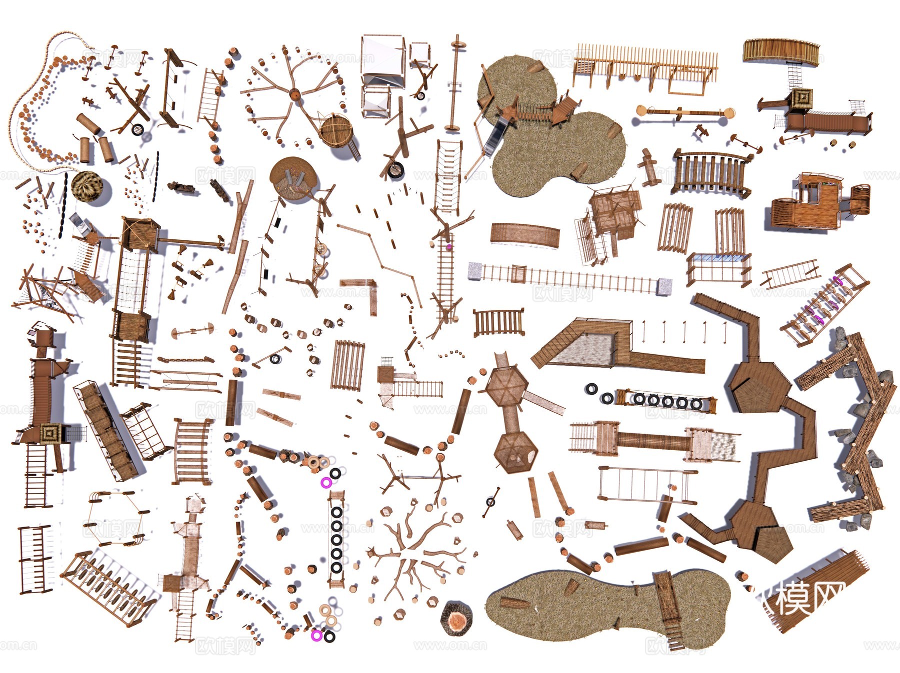 现代无动力儿童设施 儿童滑梯器材 生态原木制滑梯器械su模型