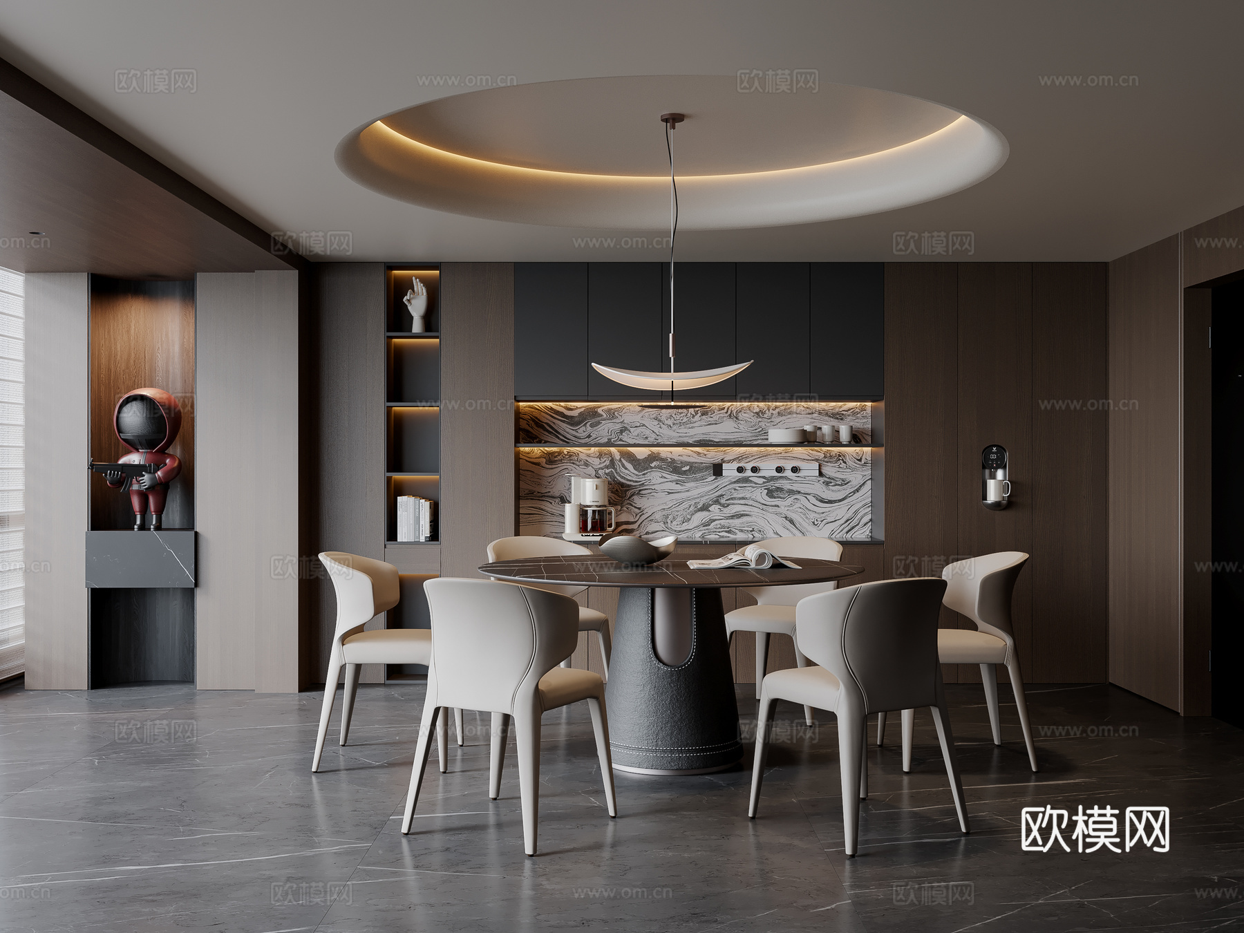 现代意式餐厅 餐桌椅 吊灯 餐边柜 酒柜su模型