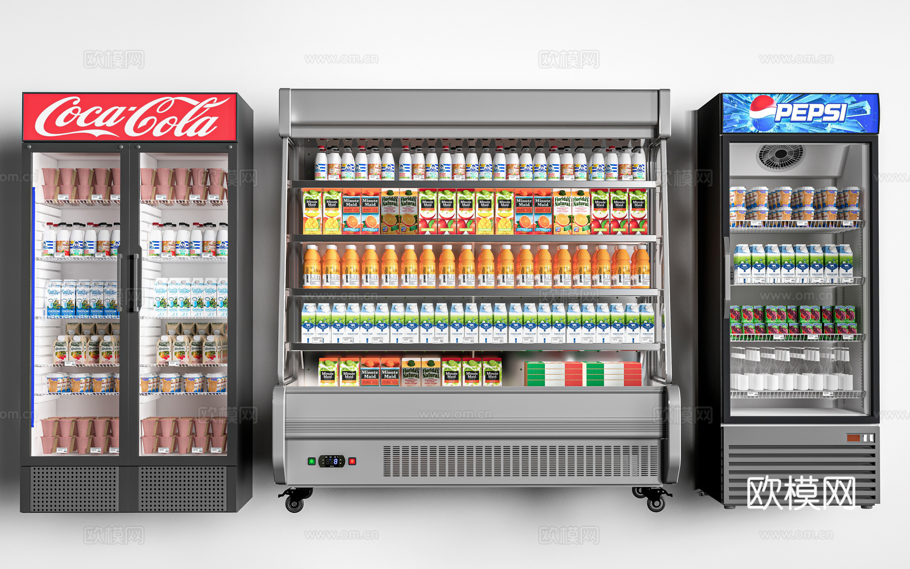 现代超市冷柜 超市冰柜 冷鲜肉冰柜 冻品区 冷藏货架su模型