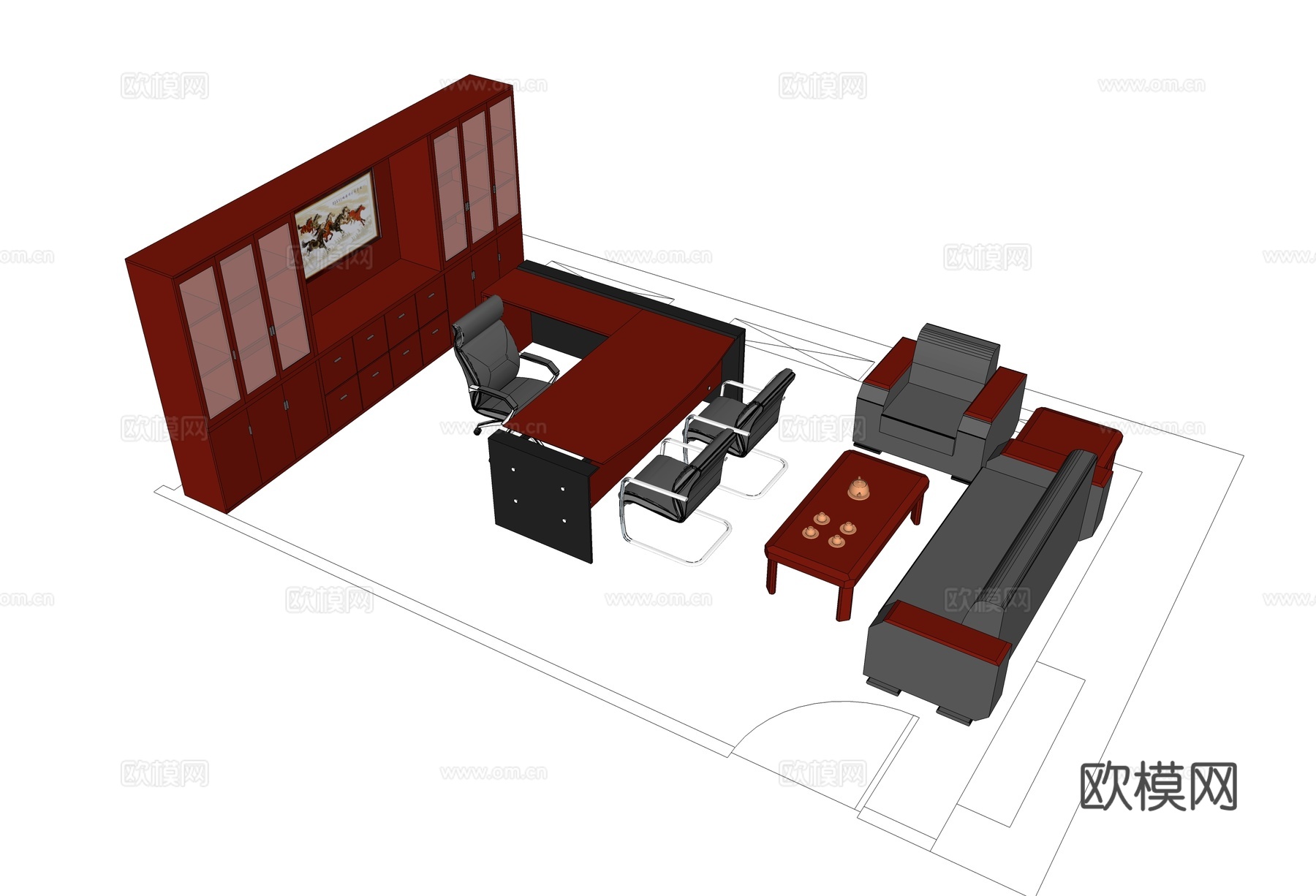 班台桌 办公桌 办公椅 文件柜 洽谈桌 办公室免费su模型