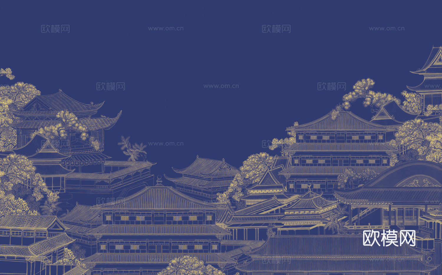 中式新中式山水楼阁意境壁纸壁画 装饰画