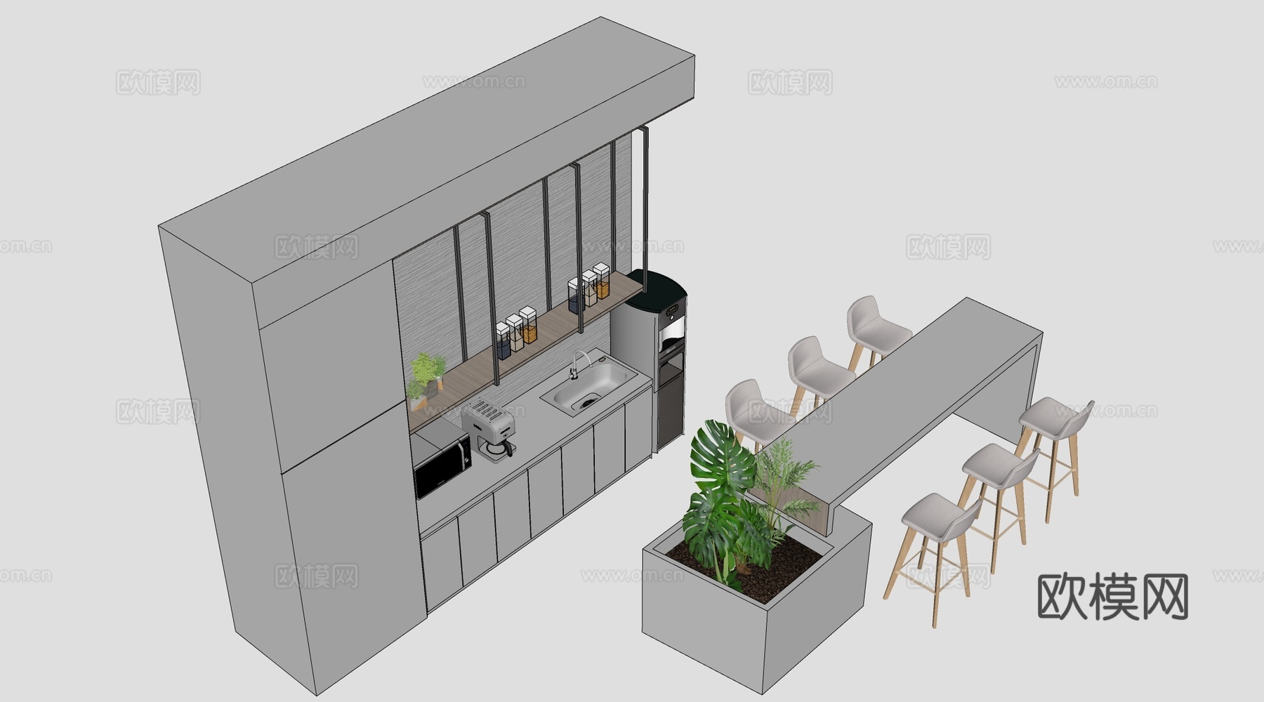 现代水吧台 茶水间操作台 吧台柜 公司茶水台su模型