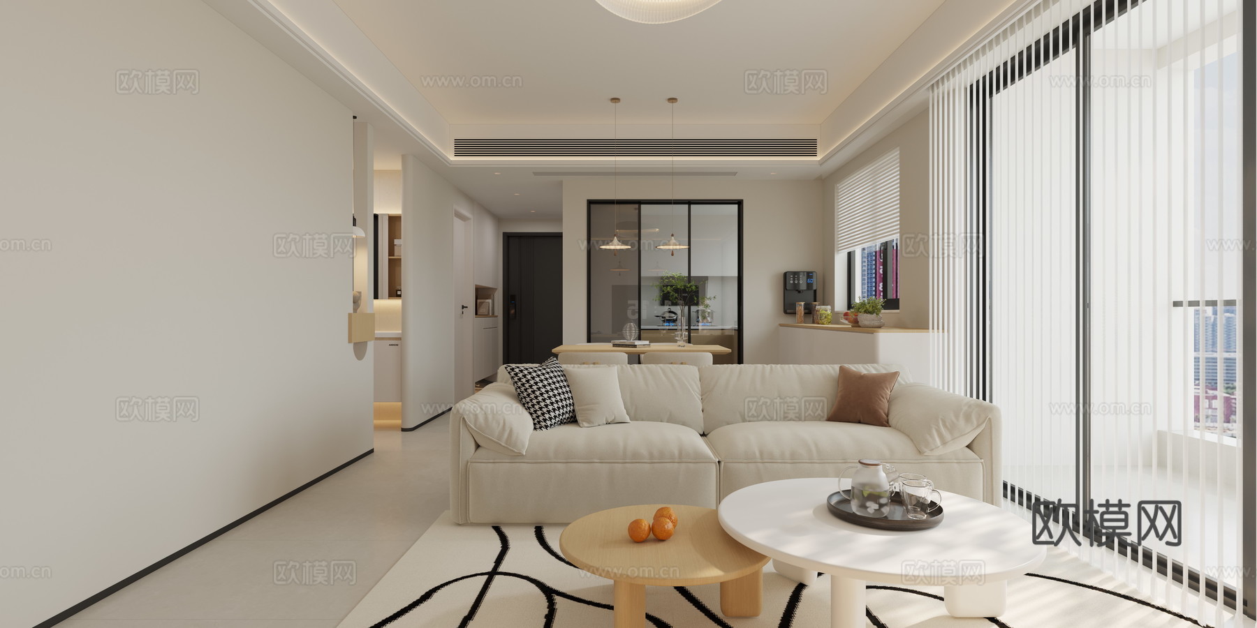 木色 奶油 客餐厅3d模型下载（渲染图1）