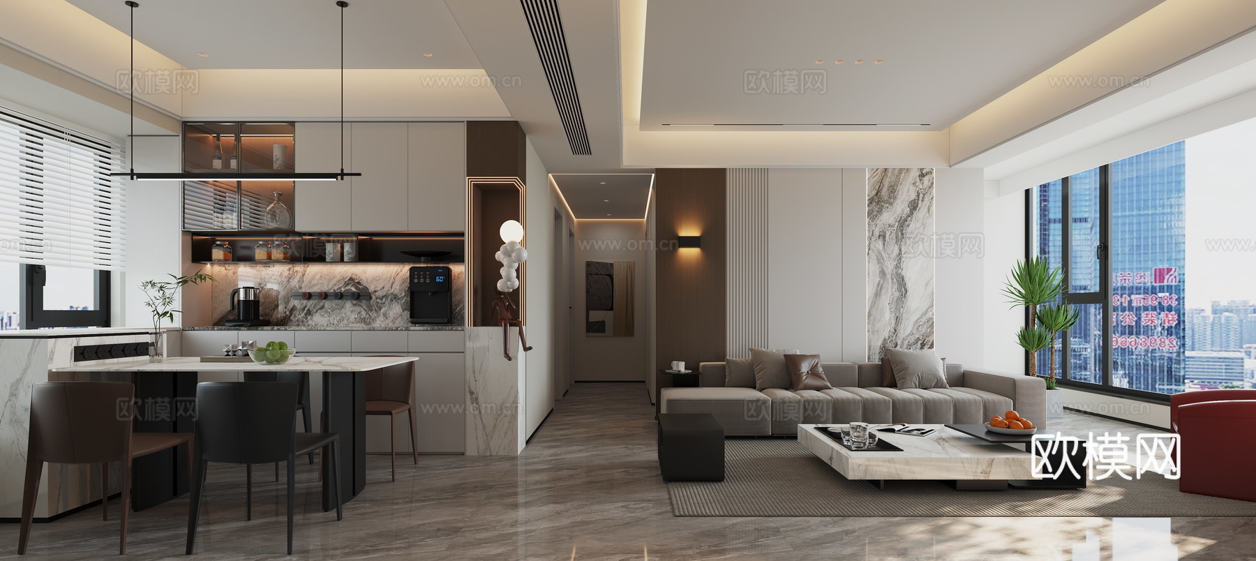 现代 意式 客餐厅3d模型下载（渲染图2）