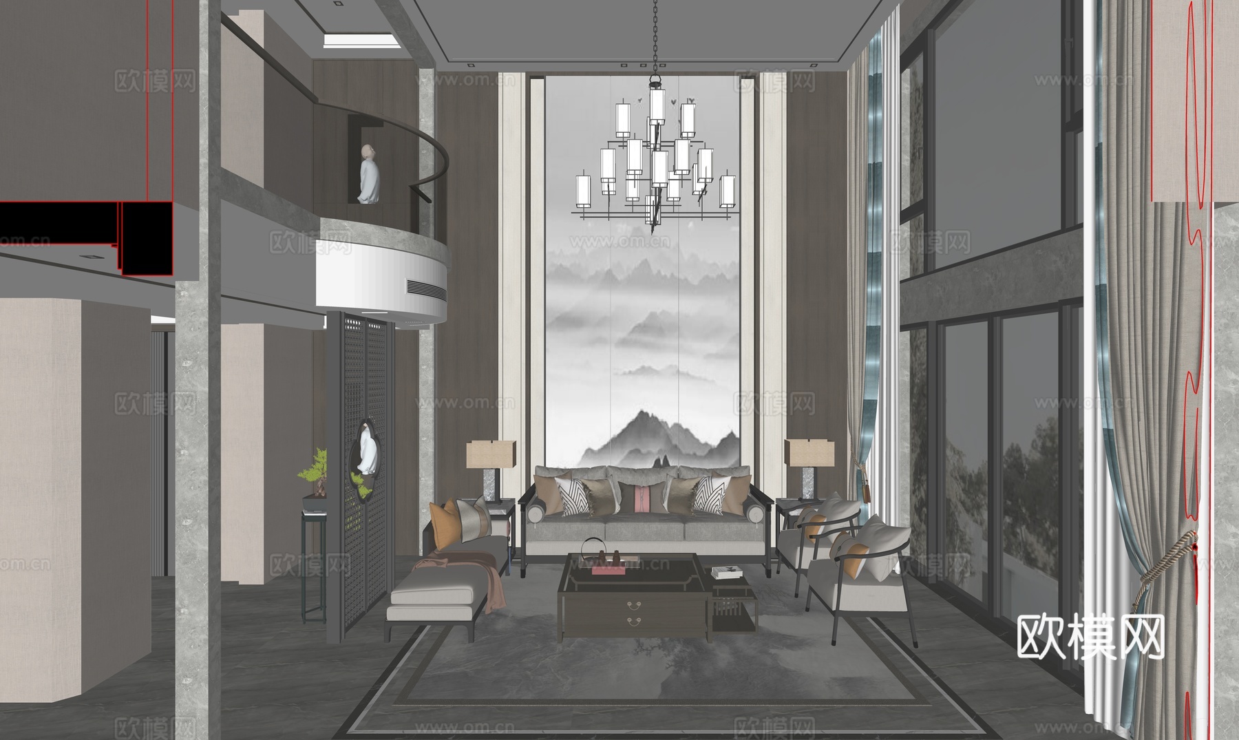 新中式别墅客厅su模型