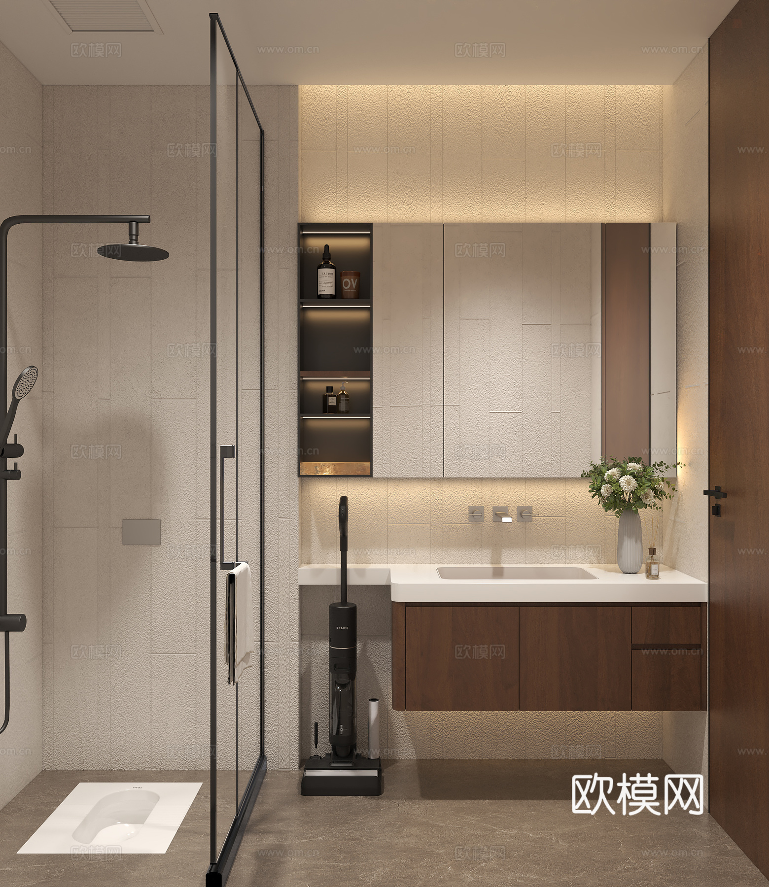 老钱风意式卫生间 现代浴室柜洗地机 现代浴镜饰品摆件 淋浴屏su模型