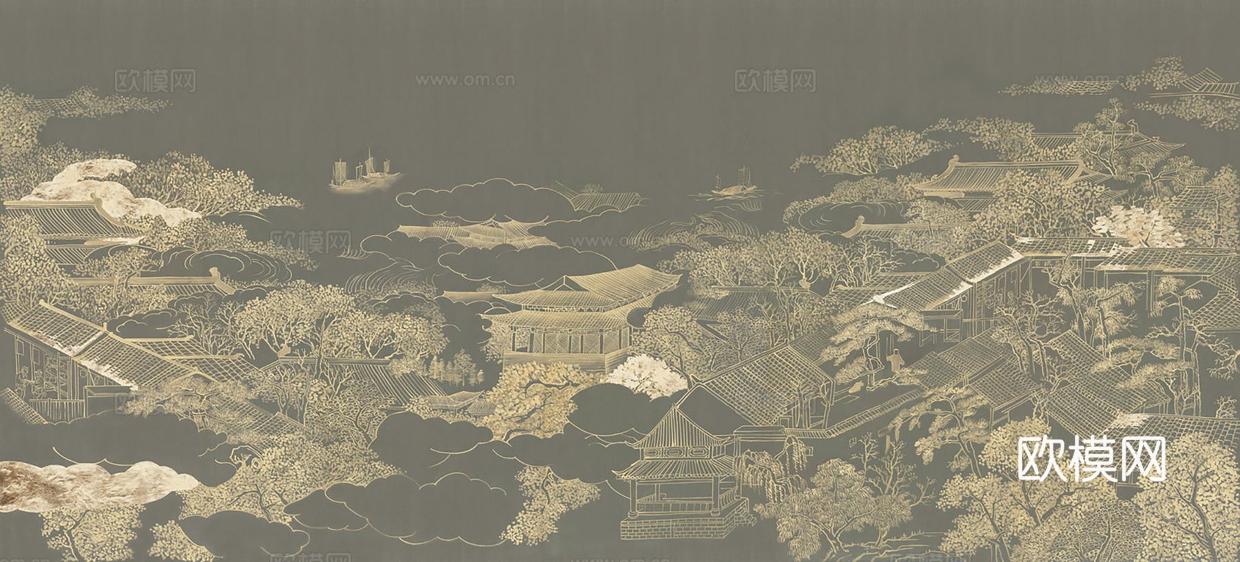 中式新中式山水楼阁意境壁纸壁画 装饰画