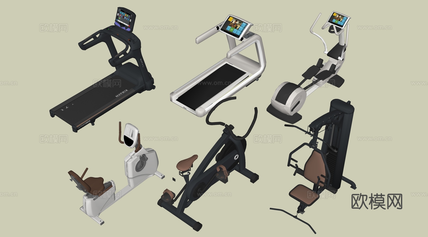 现代室内健身器材 健身设施 健身房器材 跑步机su模型