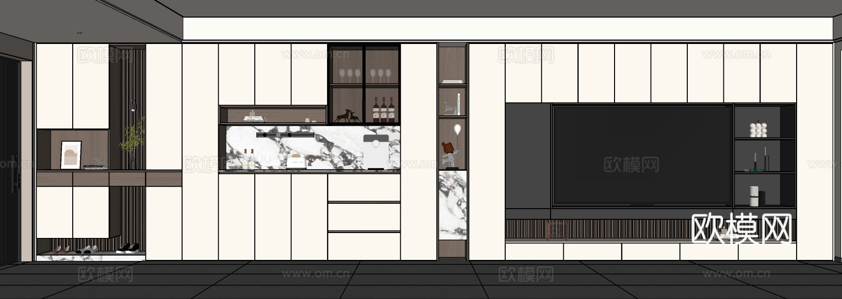 现代客厅电视墙 电视背景墙柜 鞋柜餐边柜电视柜 满墙电视柜su模型
