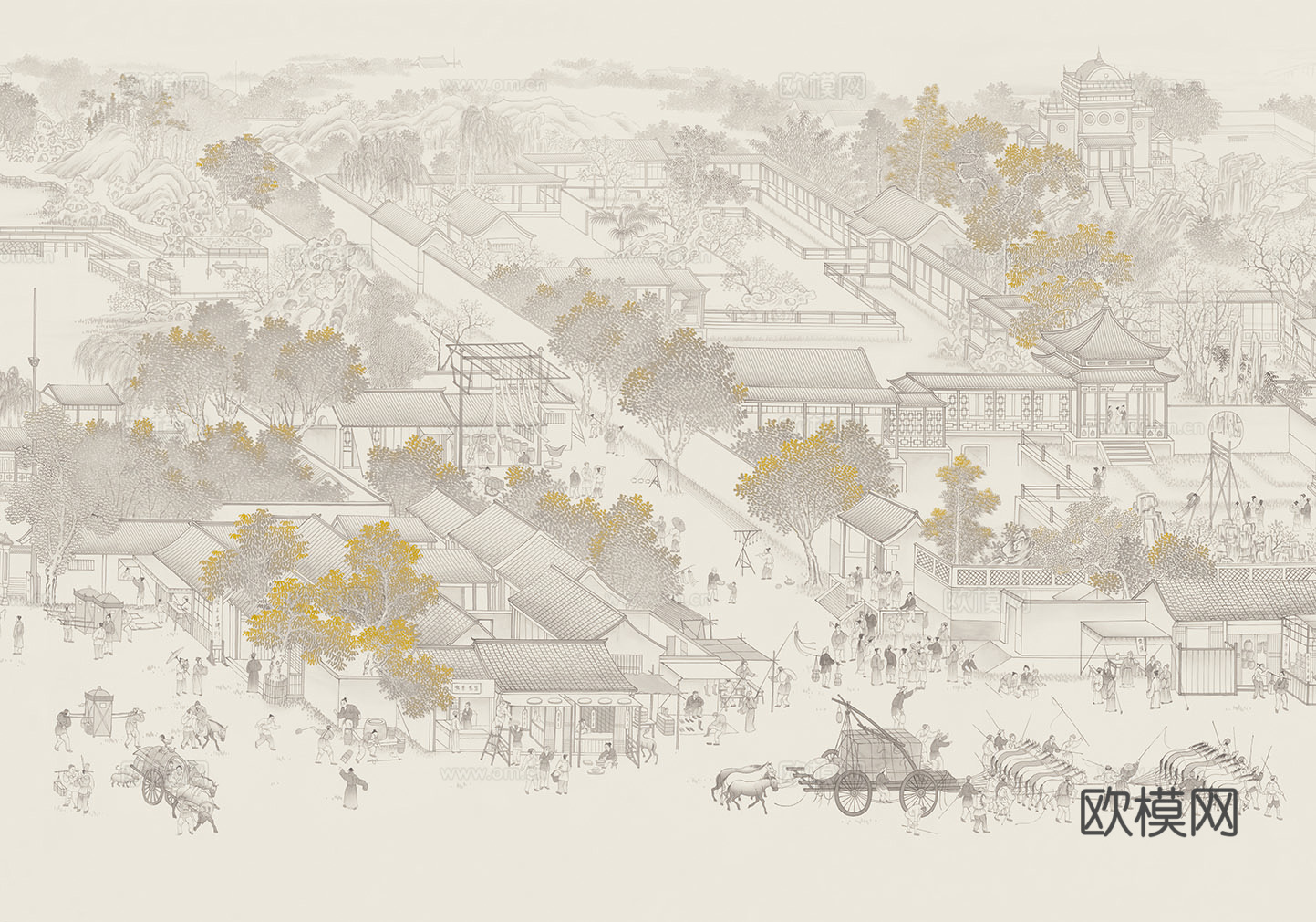 中式新中式山水楼阁意境壁纸壁画 装饰画