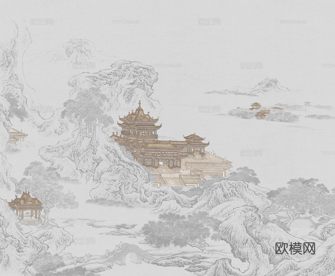 中式新中式山水楼阁意境壁纸壁画 装饰画