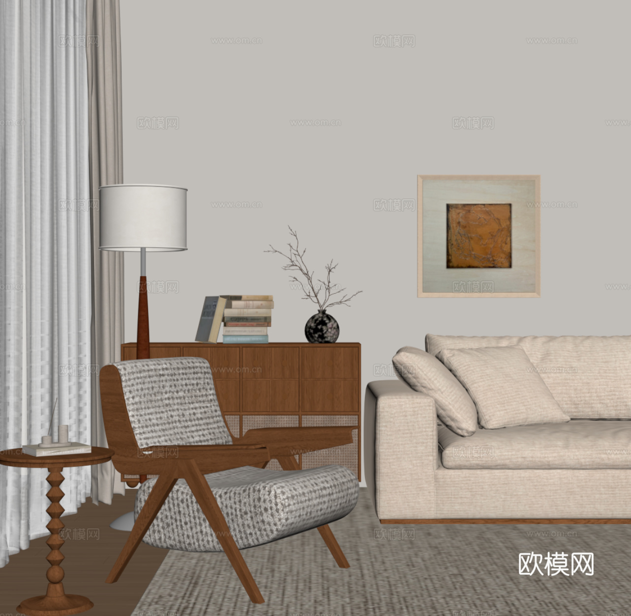 中古风休闲椅 斗柜 落地灯 装饰画su模型