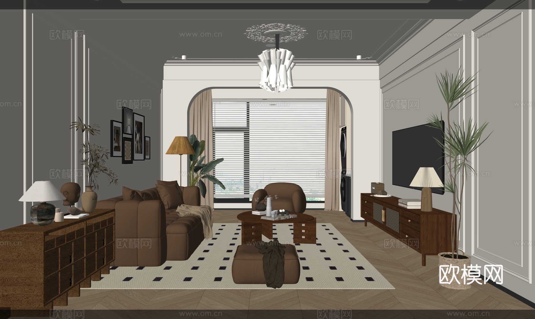 现代田园原木客厅su模型