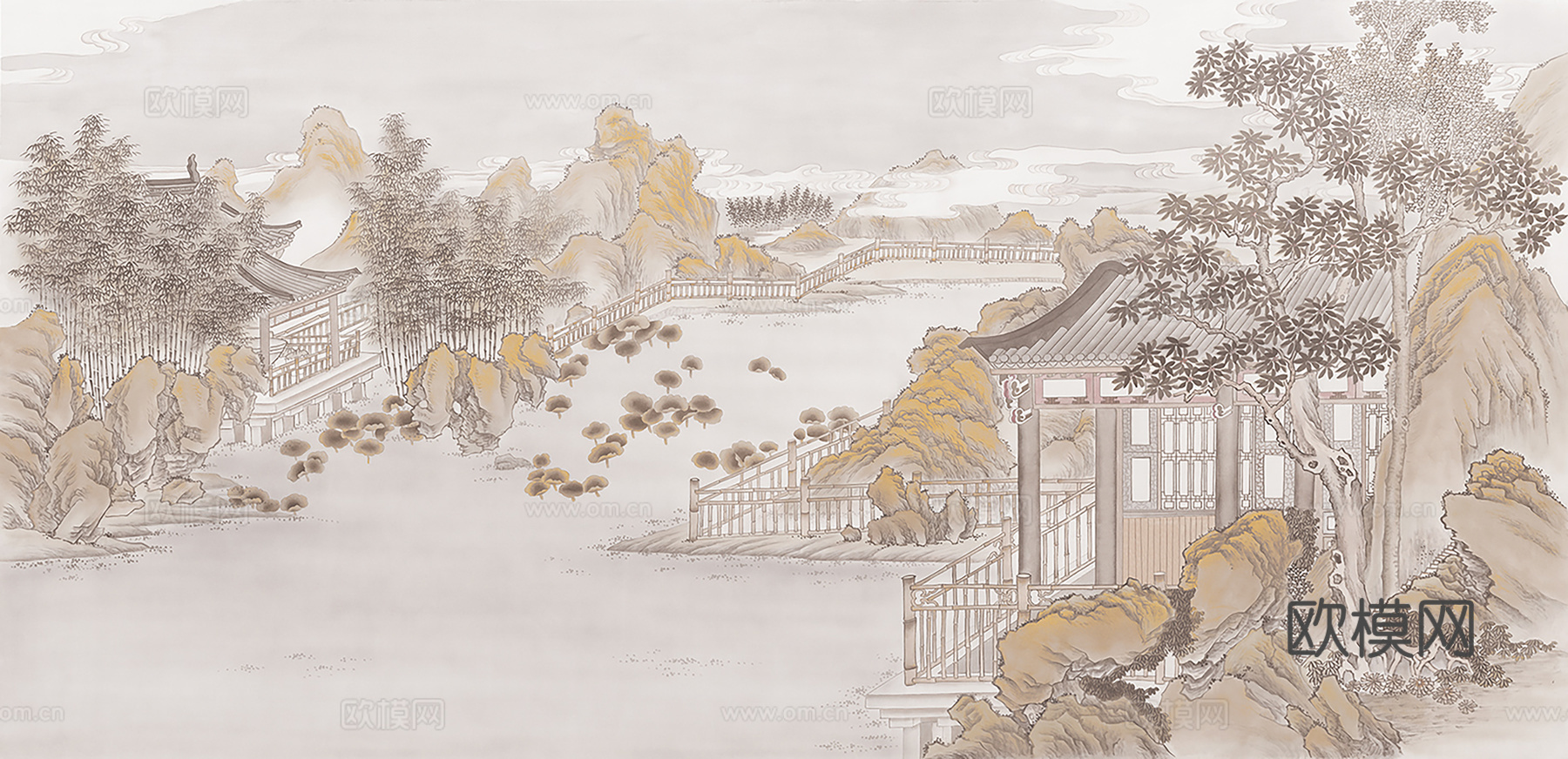 中式新中式山水楼阁意境壁纸壁画 装饰画