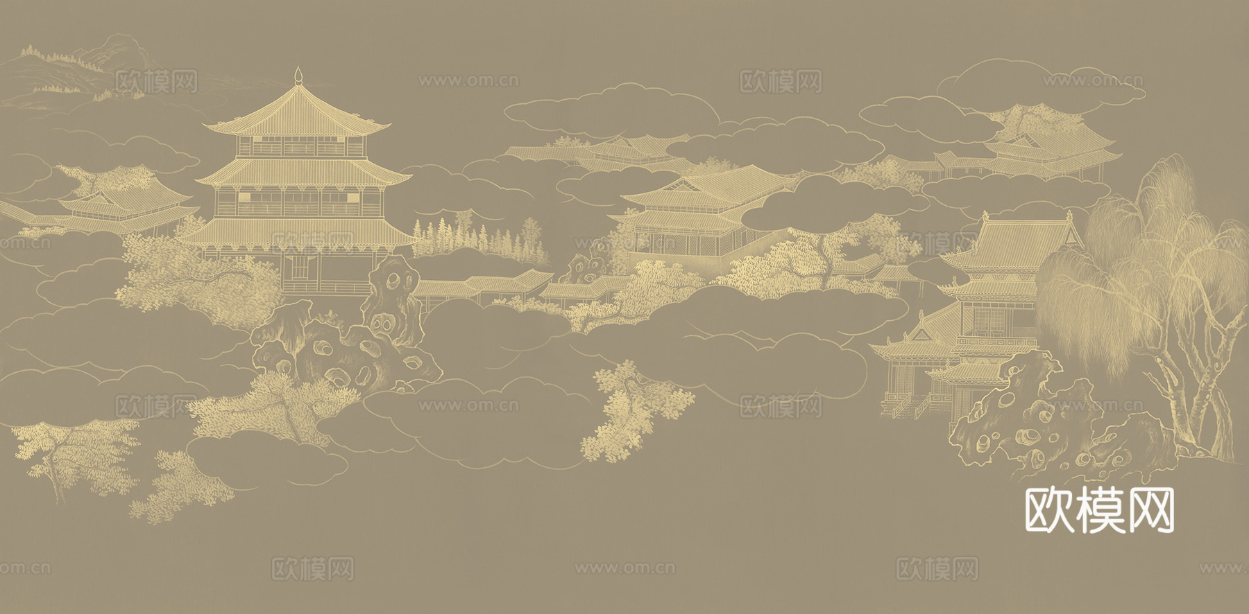 中式新中式山水楼阁意境壁纸壁画 装饰画