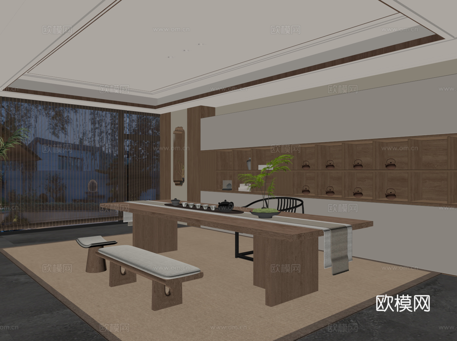 新中式茶室 茶桌椅 茶台su模型