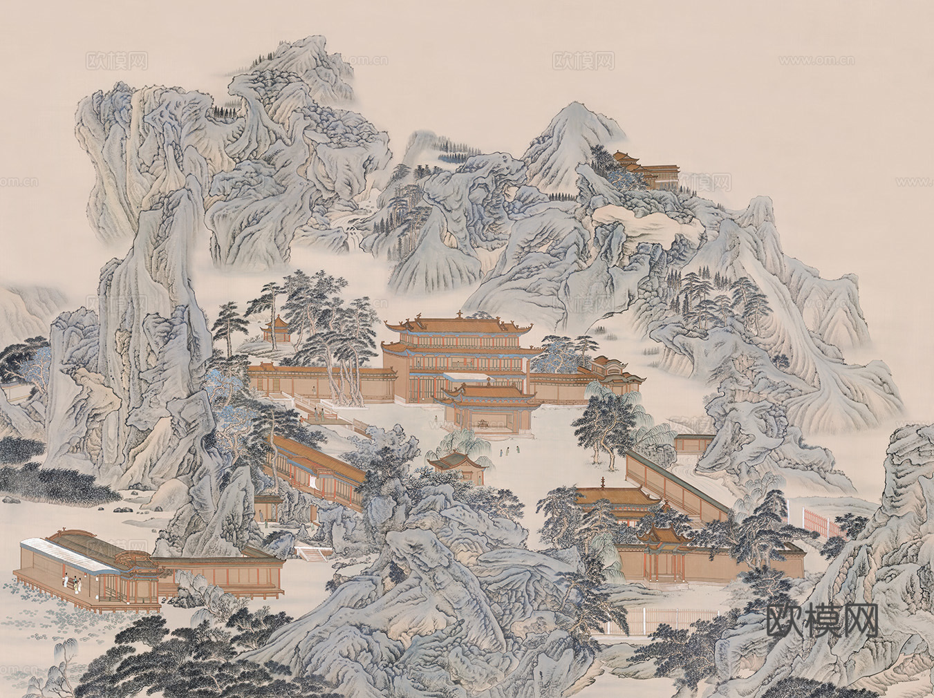 中式新中式山水楼阁意境壁纸壁画 装饰画