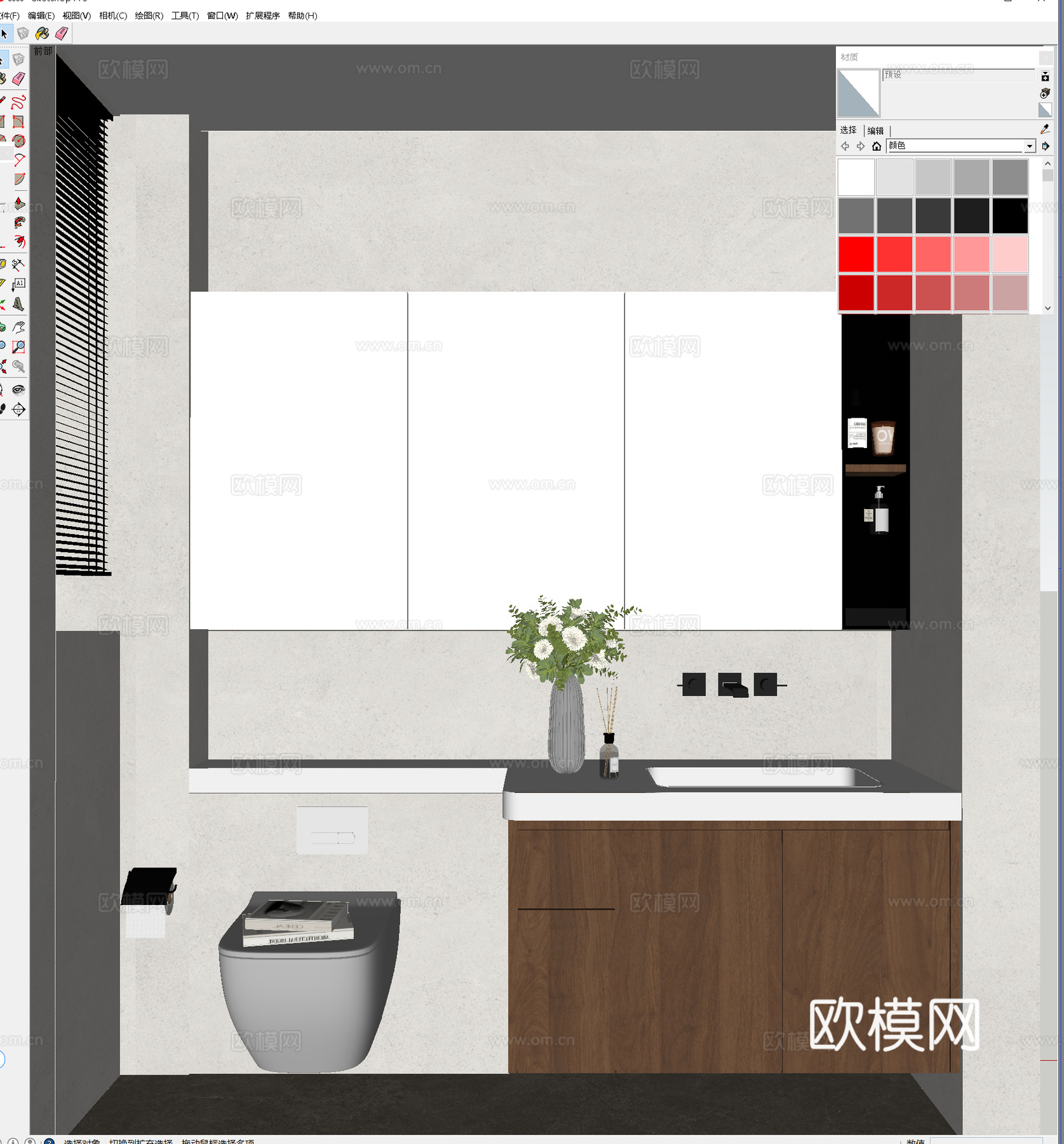 老钱风意式卫生间 新中式浴室柜 墙排壁挂式马桶 卫生间镜柜饰su模型
