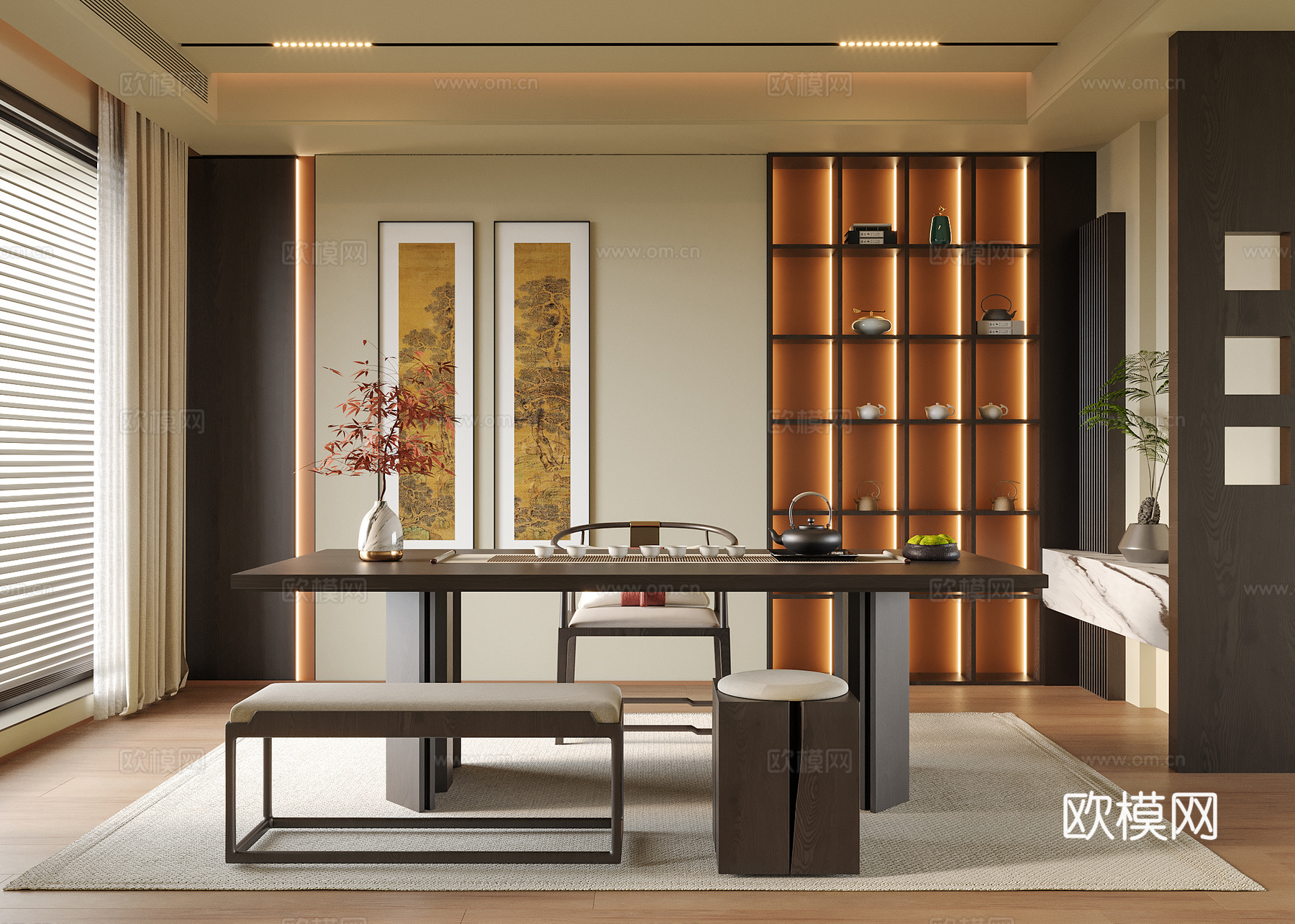 新中式茶室 书房 茶桌椅su模型