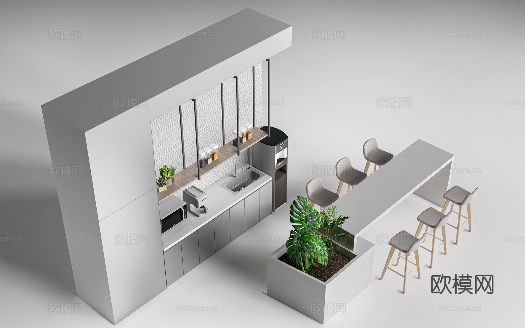 现代水吧台 茶水间操作台 吧台柜 公司茶水台su模型