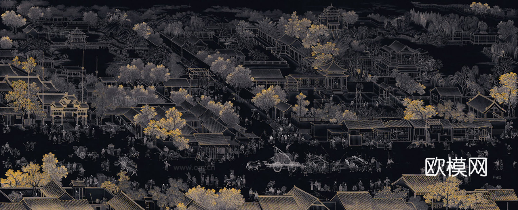 中式新中式山水楼阁意境壁纸壁画 装饰画